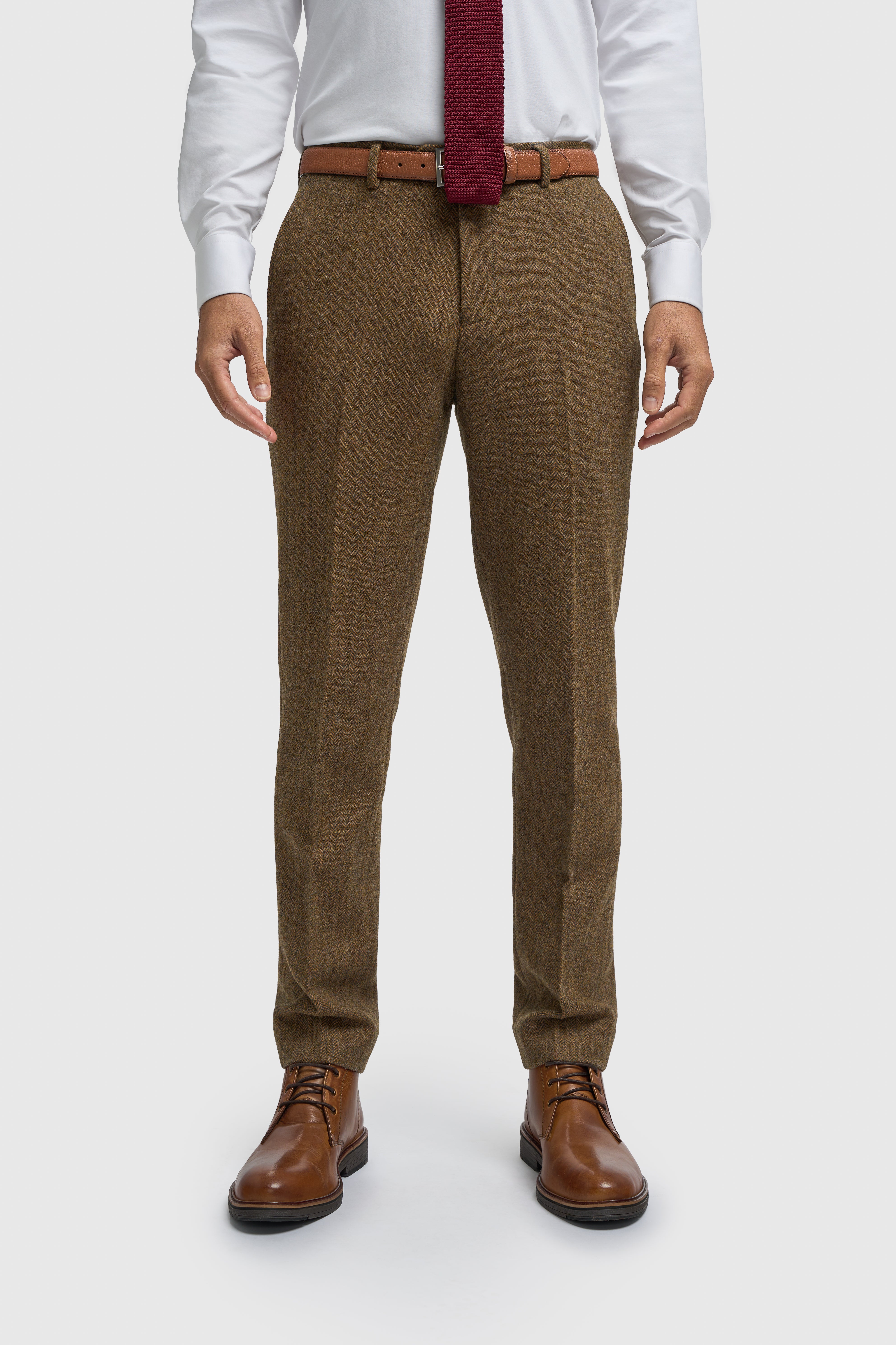 Men’s 3-Piece Wool Herringbone Tweed Suit - Thomas - Brown Trousers Front Picture