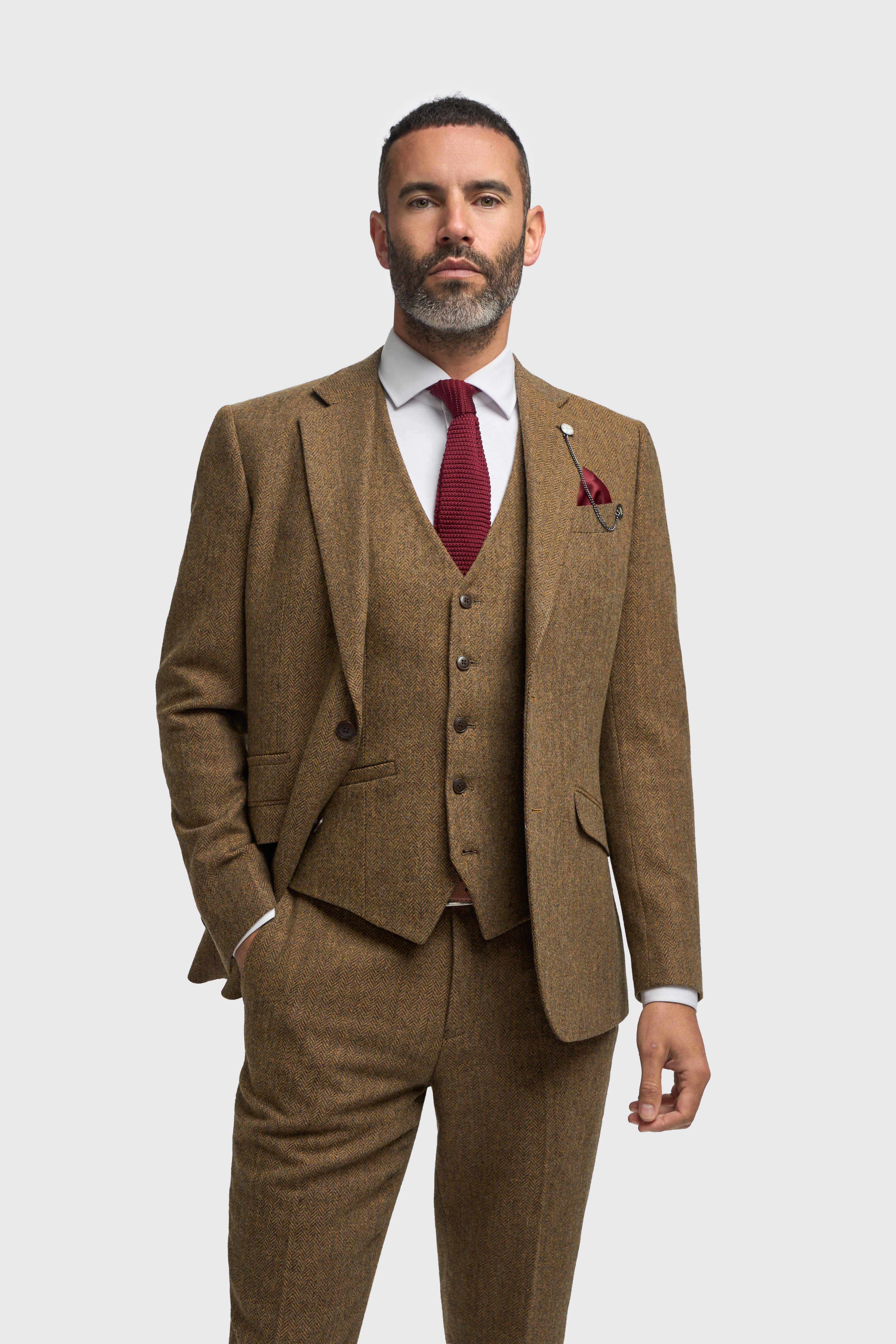 Men’s 3-Piece Wool Herringbone Tweed Suit - Thomas - Brown Main Pivture