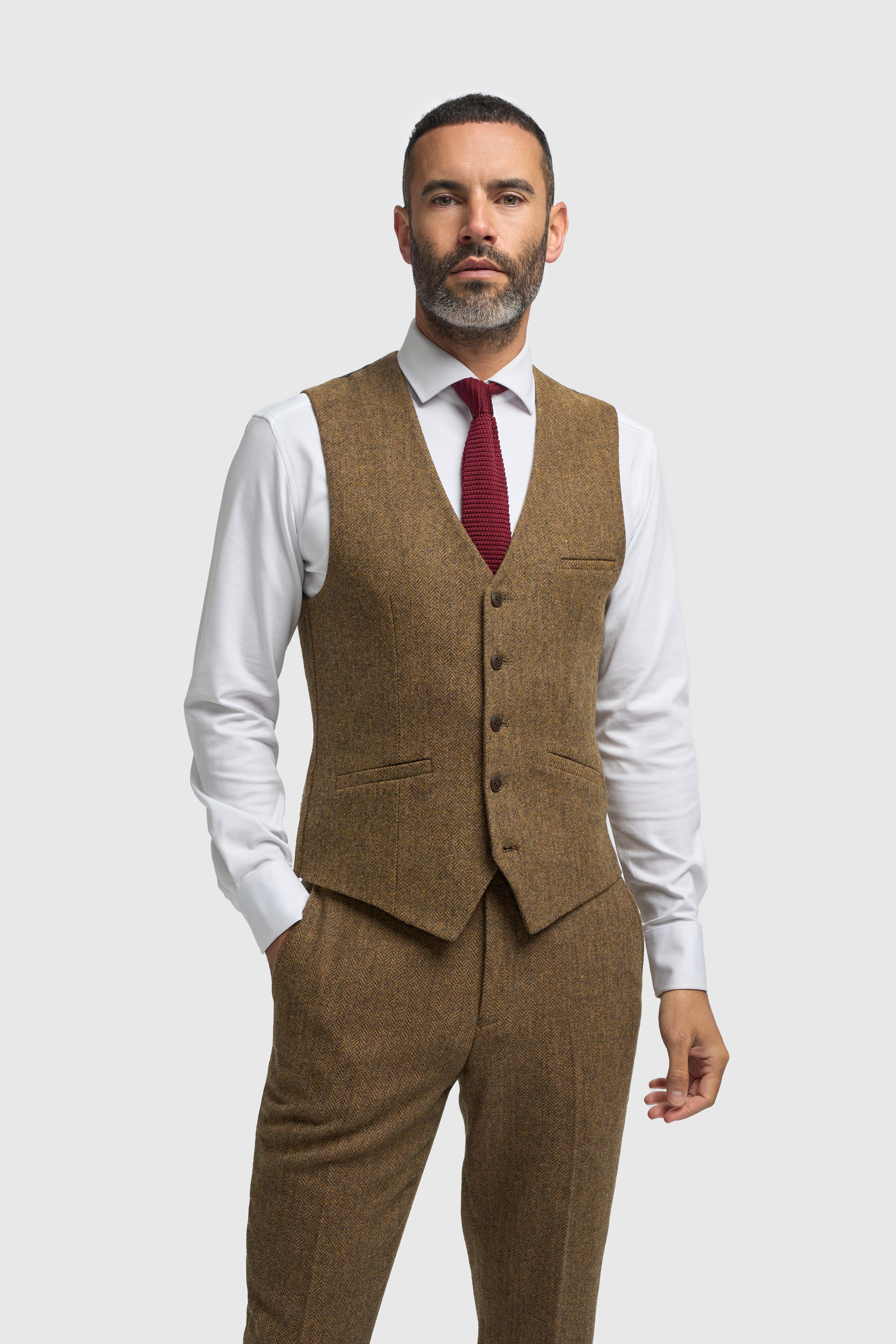 Men’s 3-Piece Wool Herringbone Tweed Suit - Thomas - Brown - Waistcoat Picture