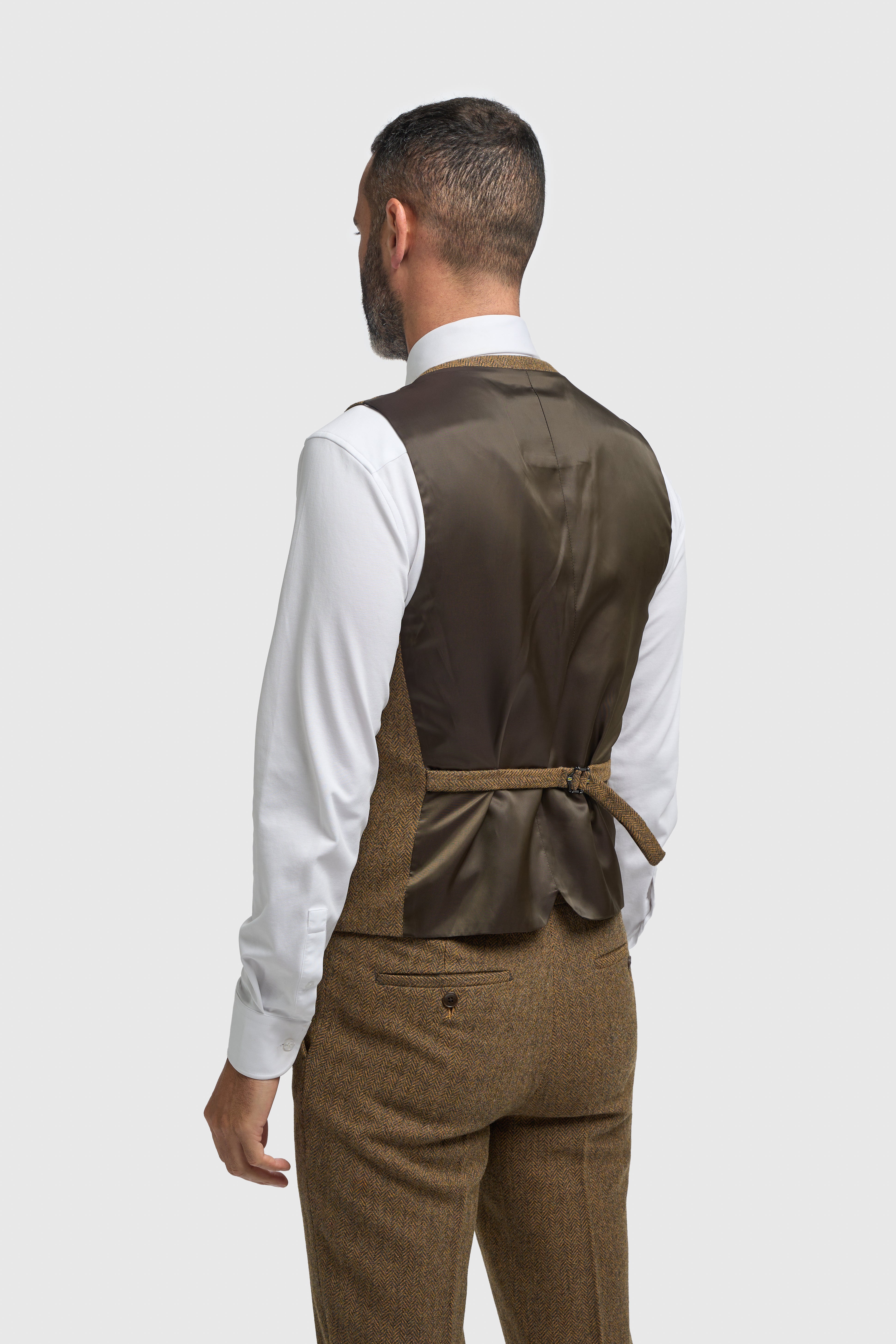 Men’s 3-Piece Wool Herringbone Tweed Suit - Thomas - Brown Waistcoat Back Picture