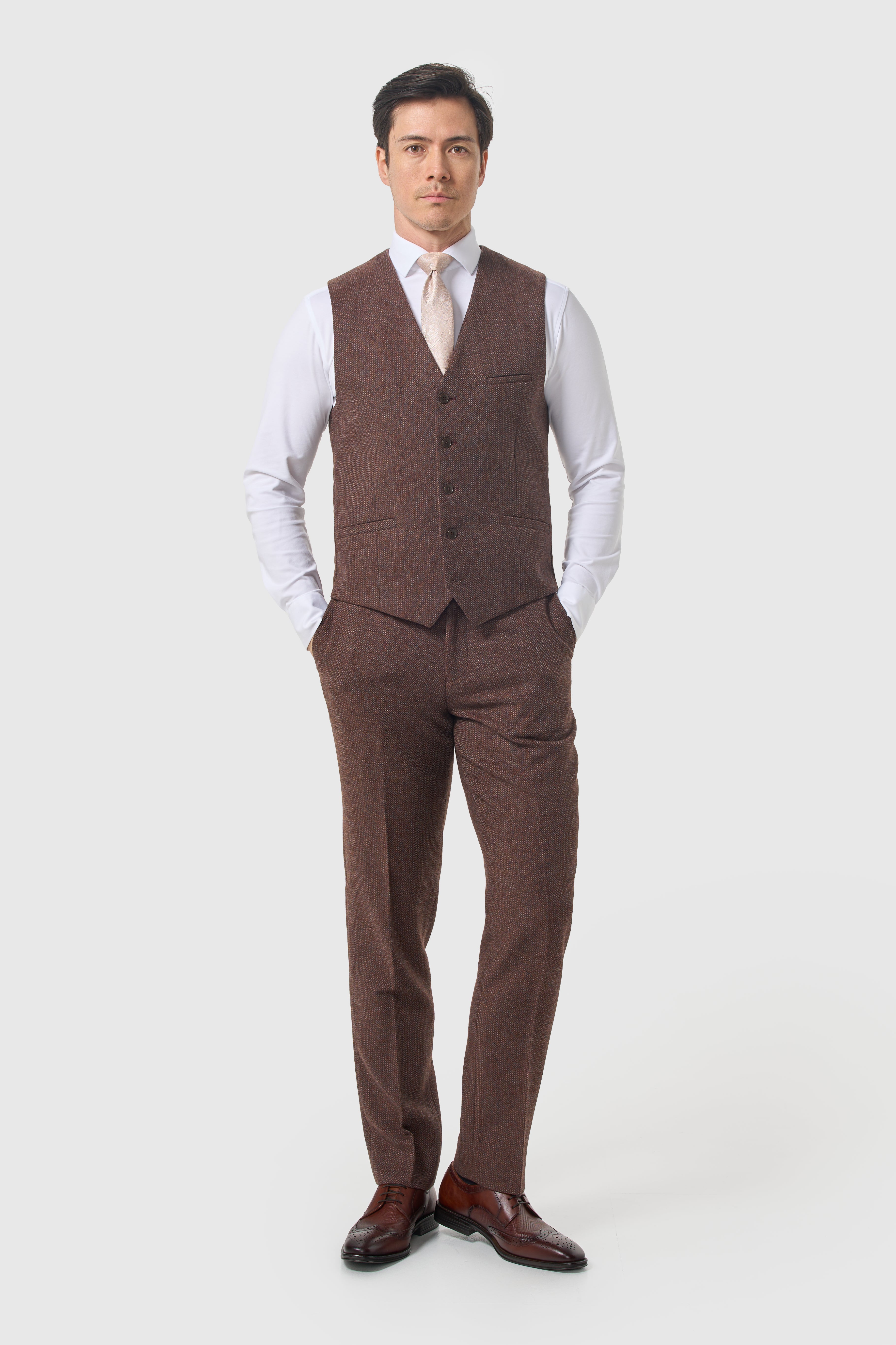 Men’s 3-Piece Wool Herringbone Tweed Suit - Thomas - Dark Mahogany