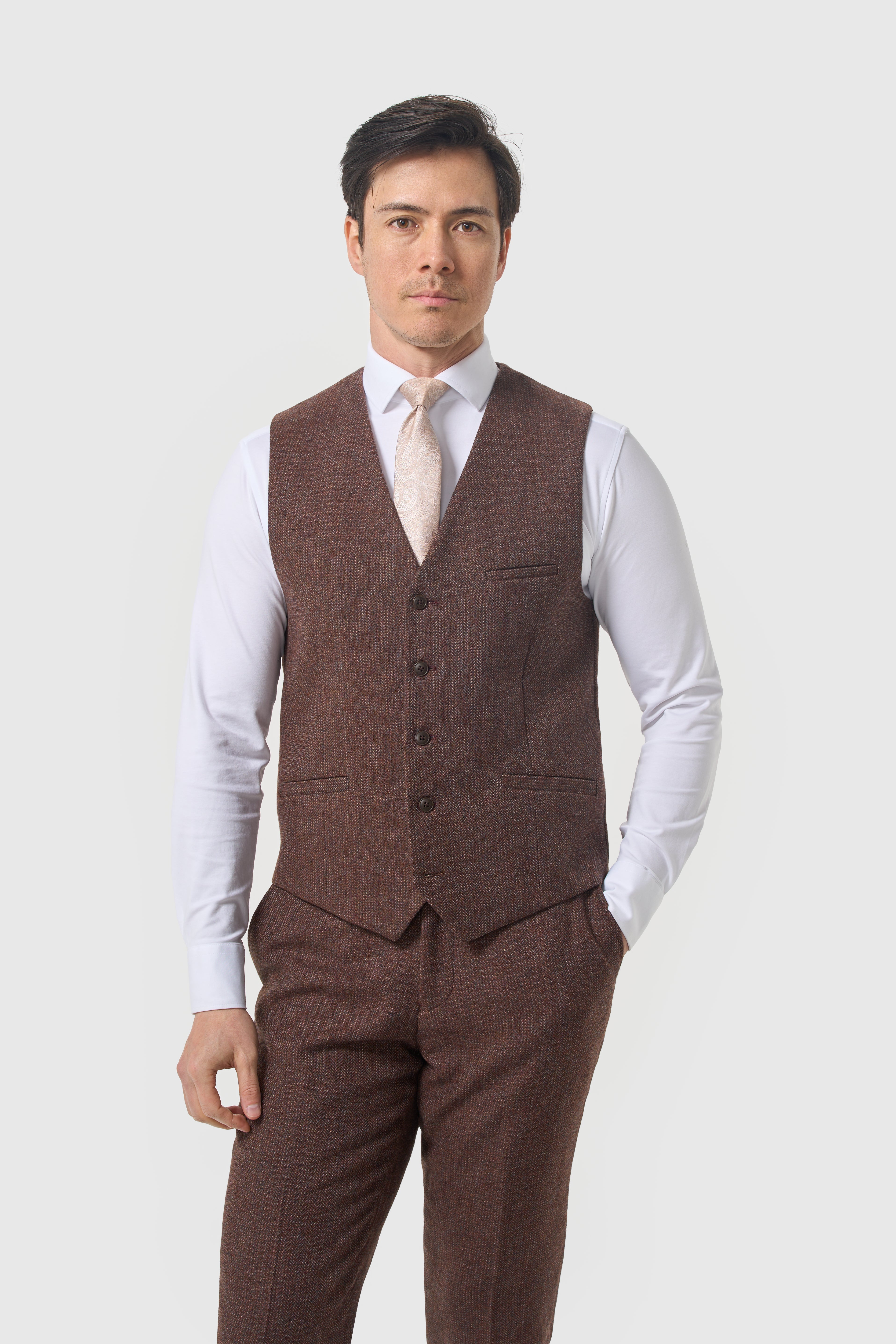 Men’s 3-Piece Wool Herringbone Tweed Suit - Thomas - Dark Mahogany
