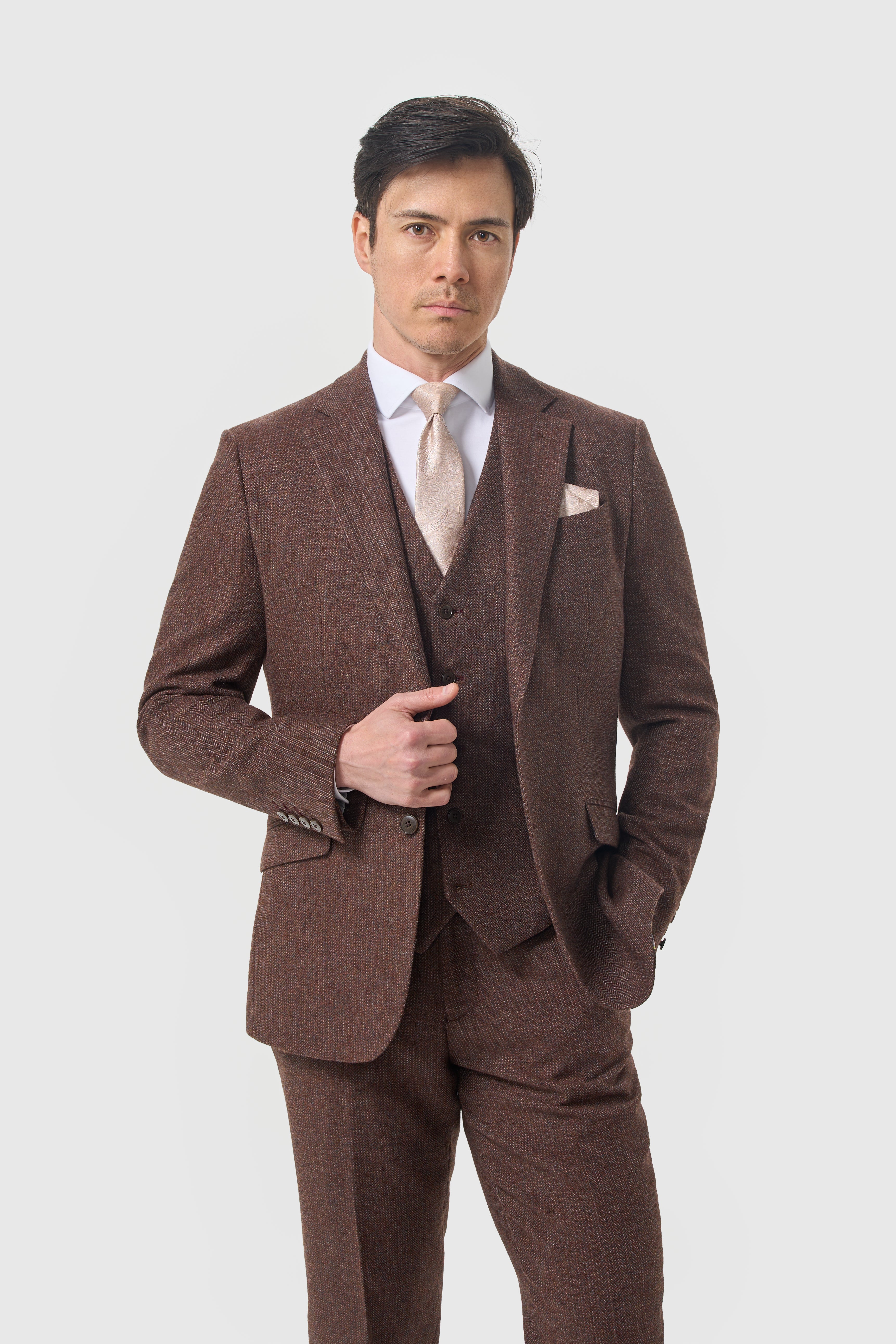 Men’s 3-Piece Wool Herringbone Tweed Suit - Thomas - Dark Mahogany