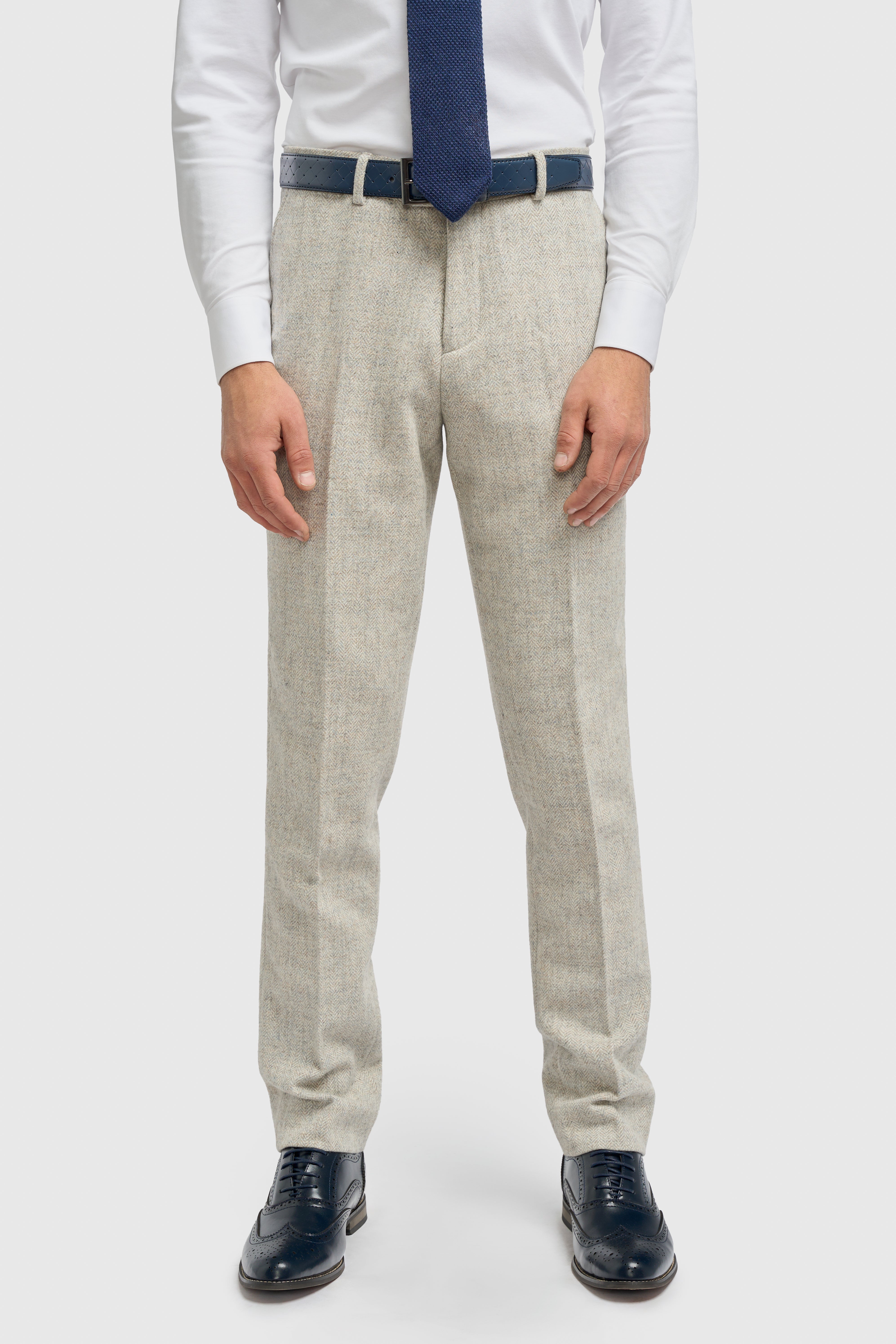 Men’s 3-Piece Wool Herringbone Tweed Suit - Thomas - Pearl Grey Trousers Front Picture