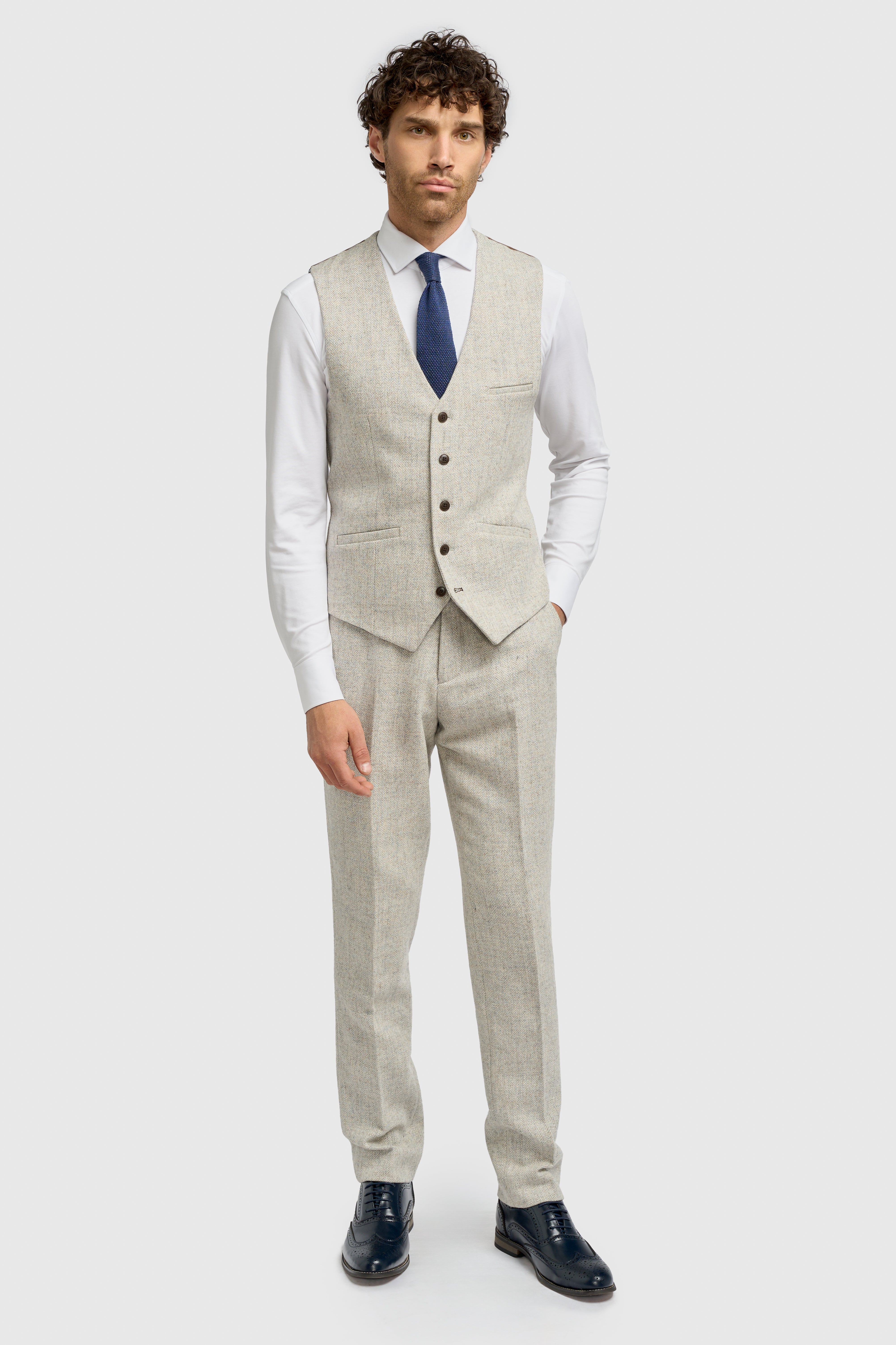 Men’s 3-Piece Wool Herringbone Tweed Suit - Thomas - Pearl Grey Waistcoat Front Picture