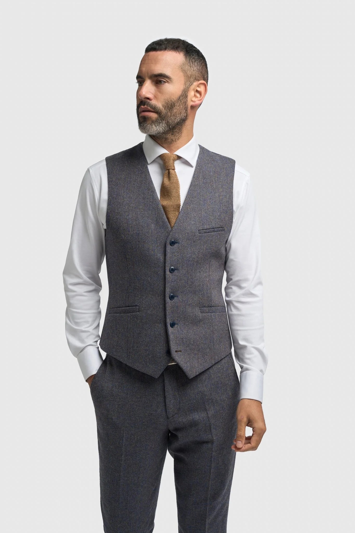 Men’s 3-Piece Wool Herringbone Tweed Suit - Thomas - Savoy Grey Waistcoat Front Picture