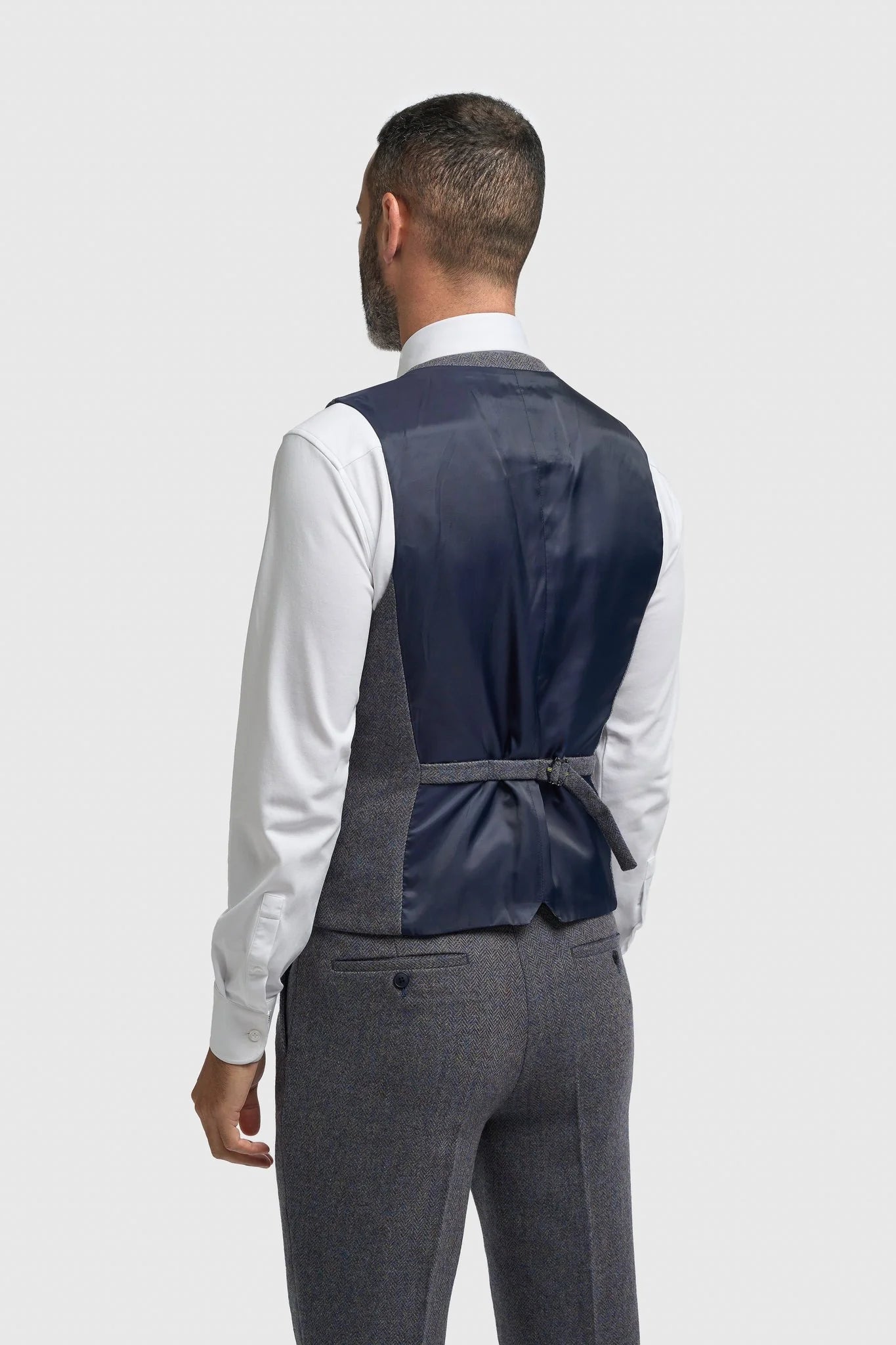 Men’s 3-Piece Wool Herringbone Tweed Suit - Thomas - Savoy Grey Waistcoat Back Picture