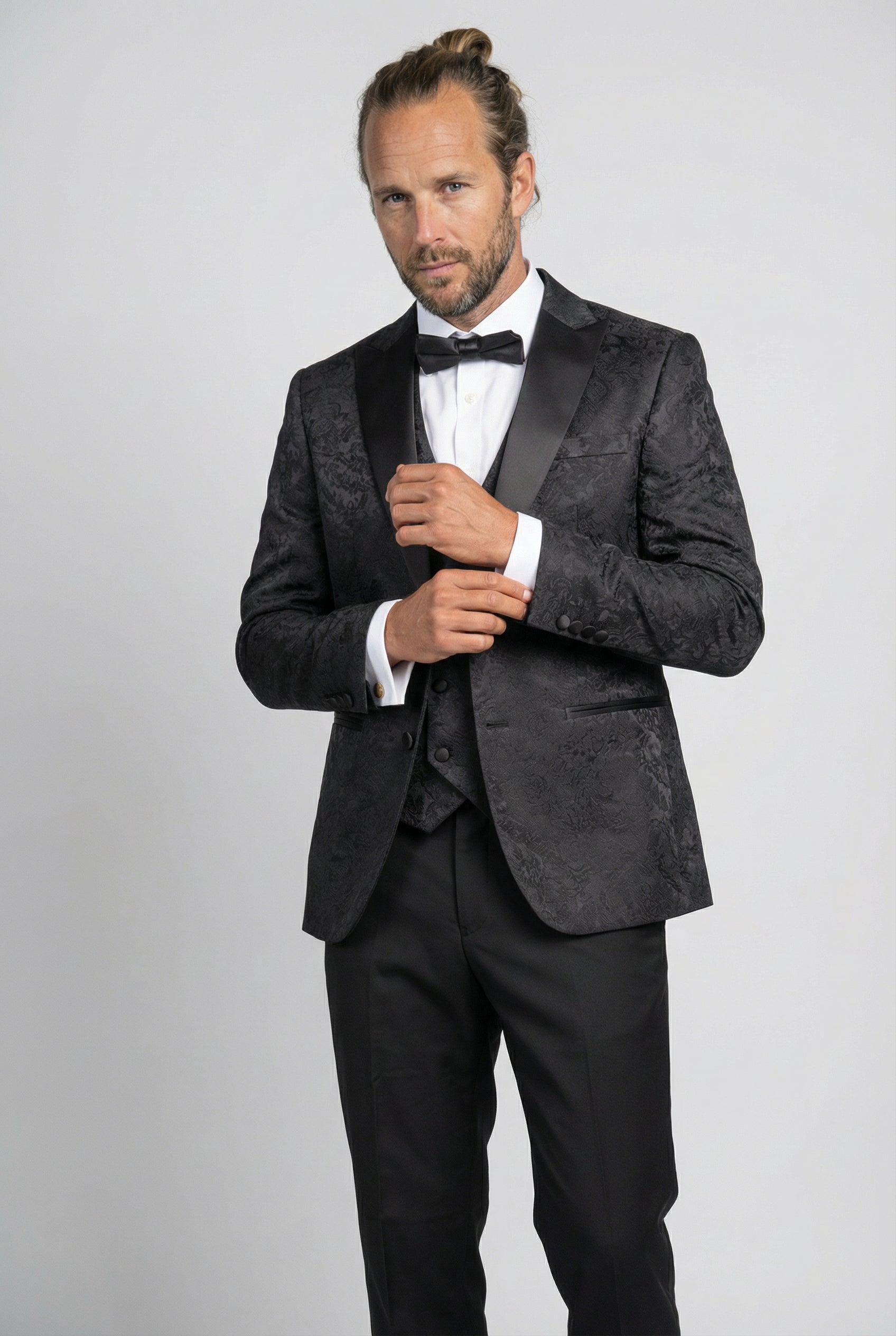 Men’s 4-Piece Cotton Blend Jacquard Tuxedo Suit with Double Breasted Waistcoat - Vincent -Black