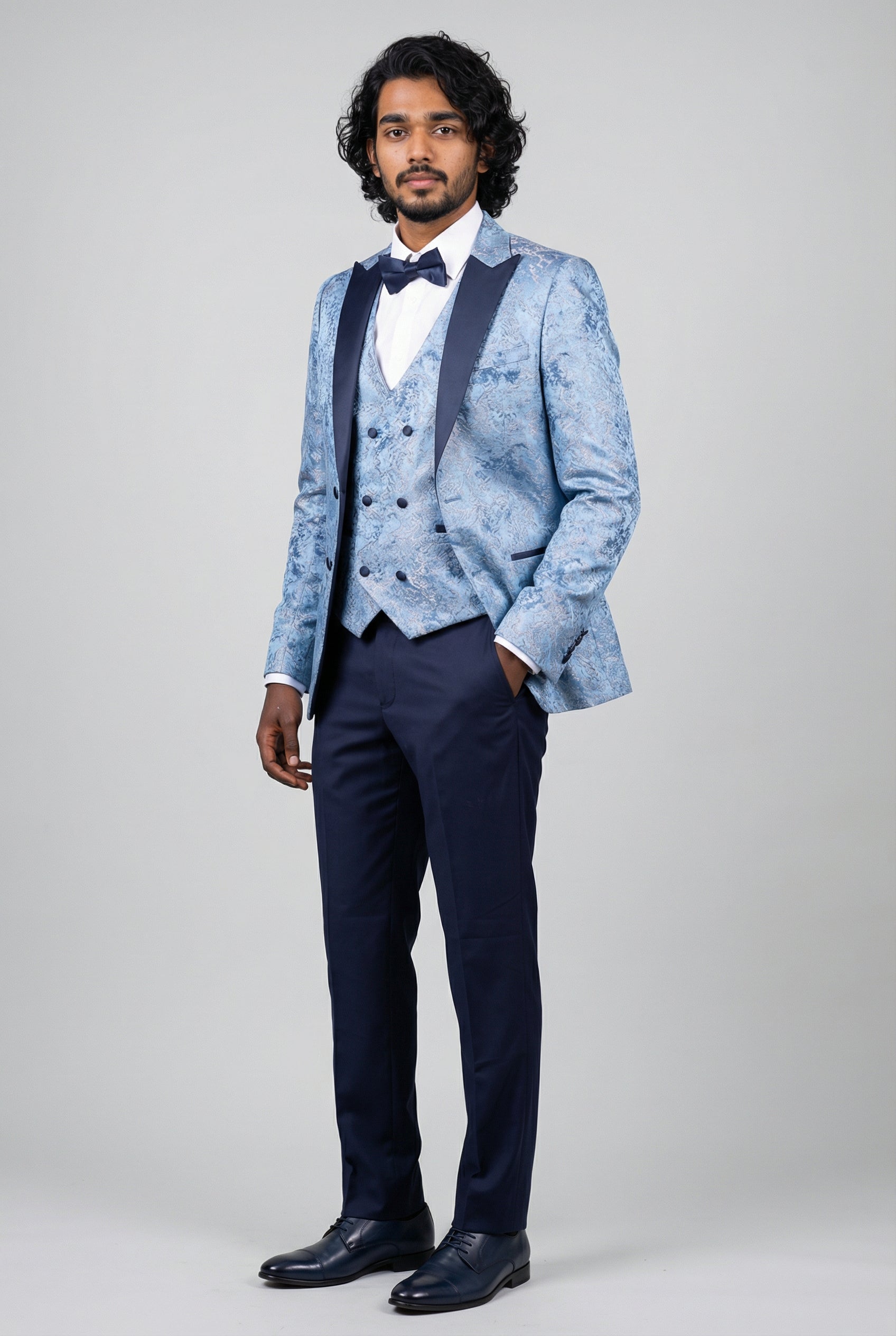 Men’s 4-Piece Cotton Blend Jacquard Tuxedo Suit with Double Breasted Waistcoat - Vincent -Blue Side Picture