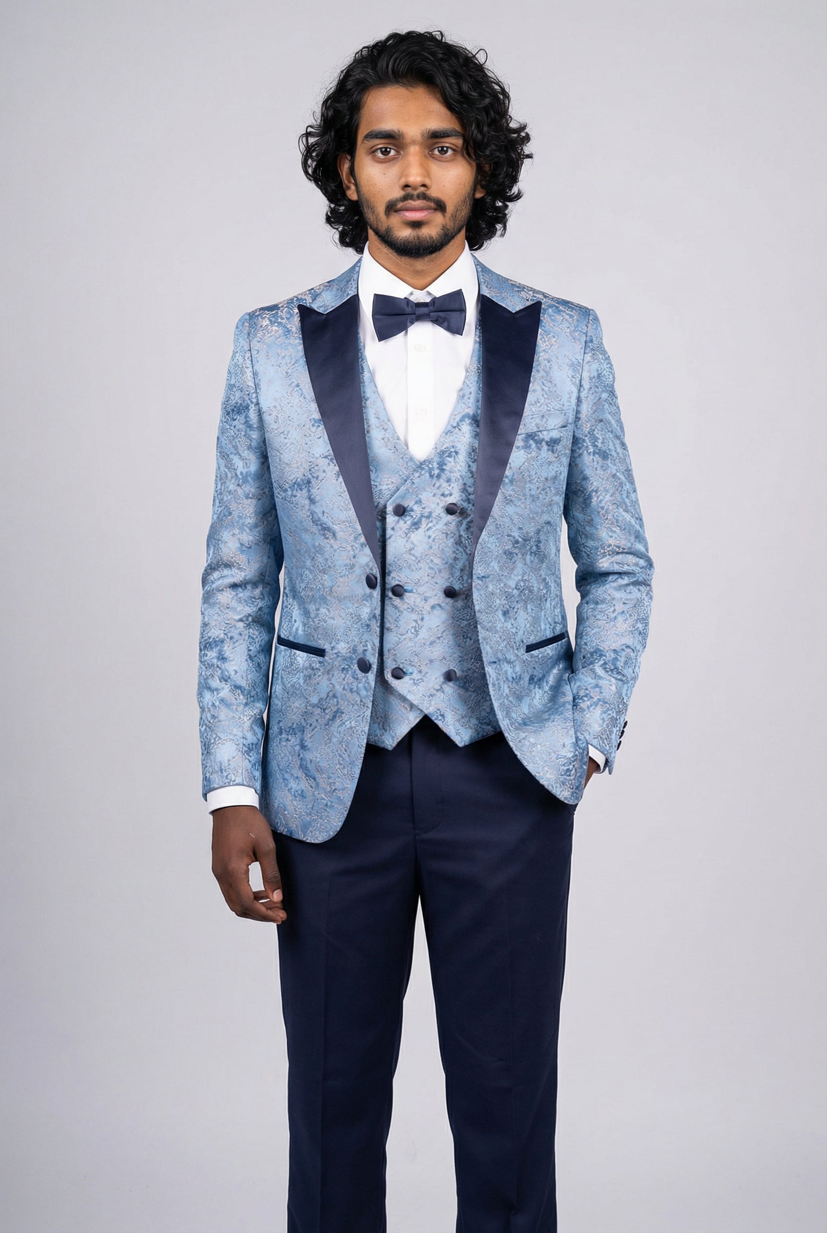 Men’s 4-Piece Cotton Blend Jacquard Tuxedo Suit with Double Breasted Waistcoat - Vincent -Blue