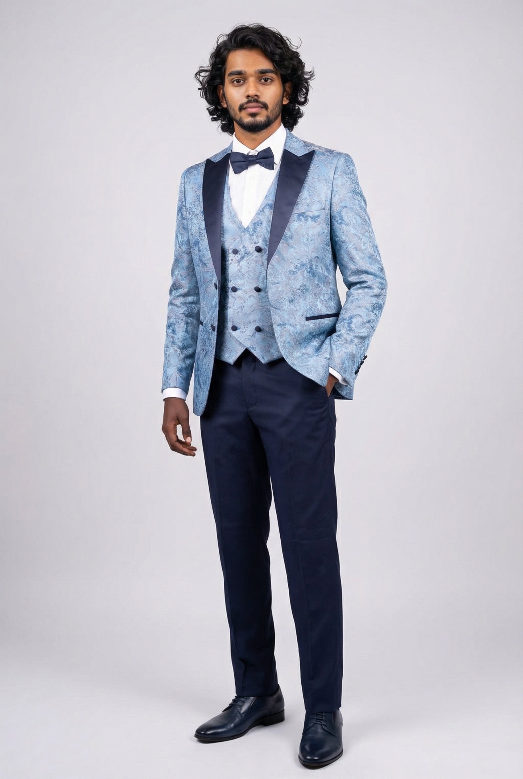Men’s 4-Piece Cotton Blend Jacquard Tuxedo Suit with Double Breasted Waistcoat - Vincent -Blue Model Front Picture
