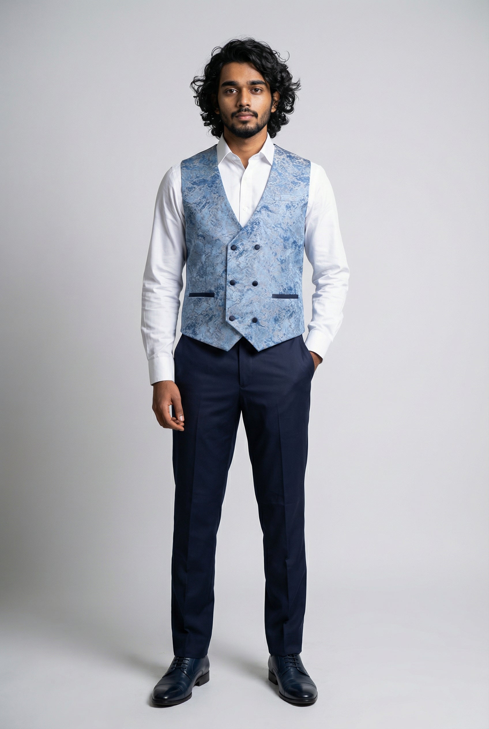 Men’s 4-Piece Cotton Blend Jacquard Tuxedo Suit with Double Breasted Waistcoat - Vincent -Blue Waistcoat Picture