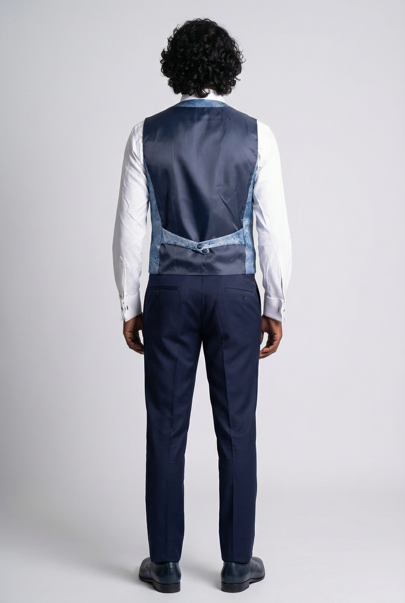 Men’s 4-Piece Cotton Blend Jacquard Tuxedo Suit with Double Breasted Waistcoat - Vincent -Blue Waistcoat Back Picture