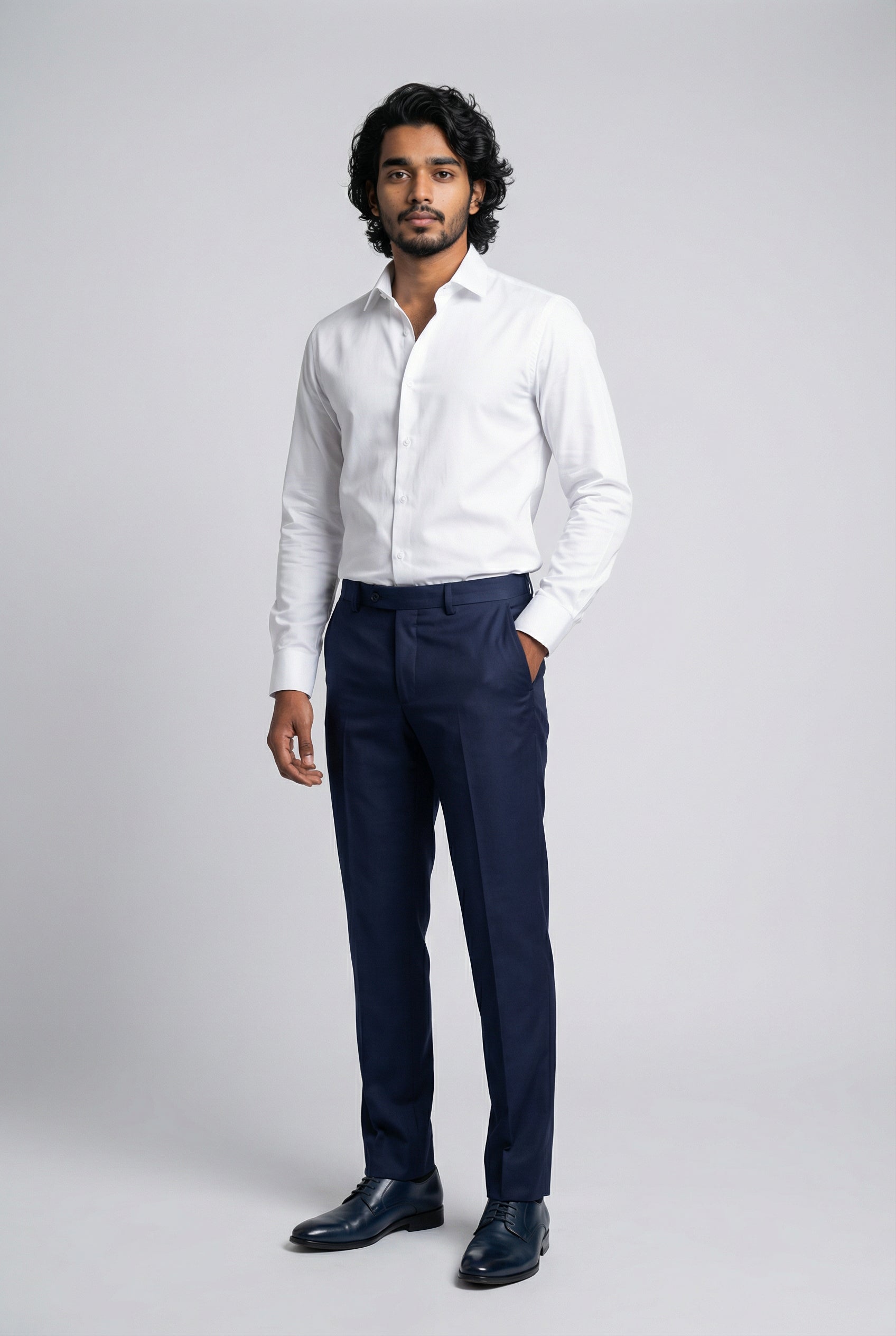 Men’s 4-Piece Cotton Blend Jacquard Tuxedo Suit with Double Breasted Waistcoat - Vincent -Blue Trousers  Front Picture