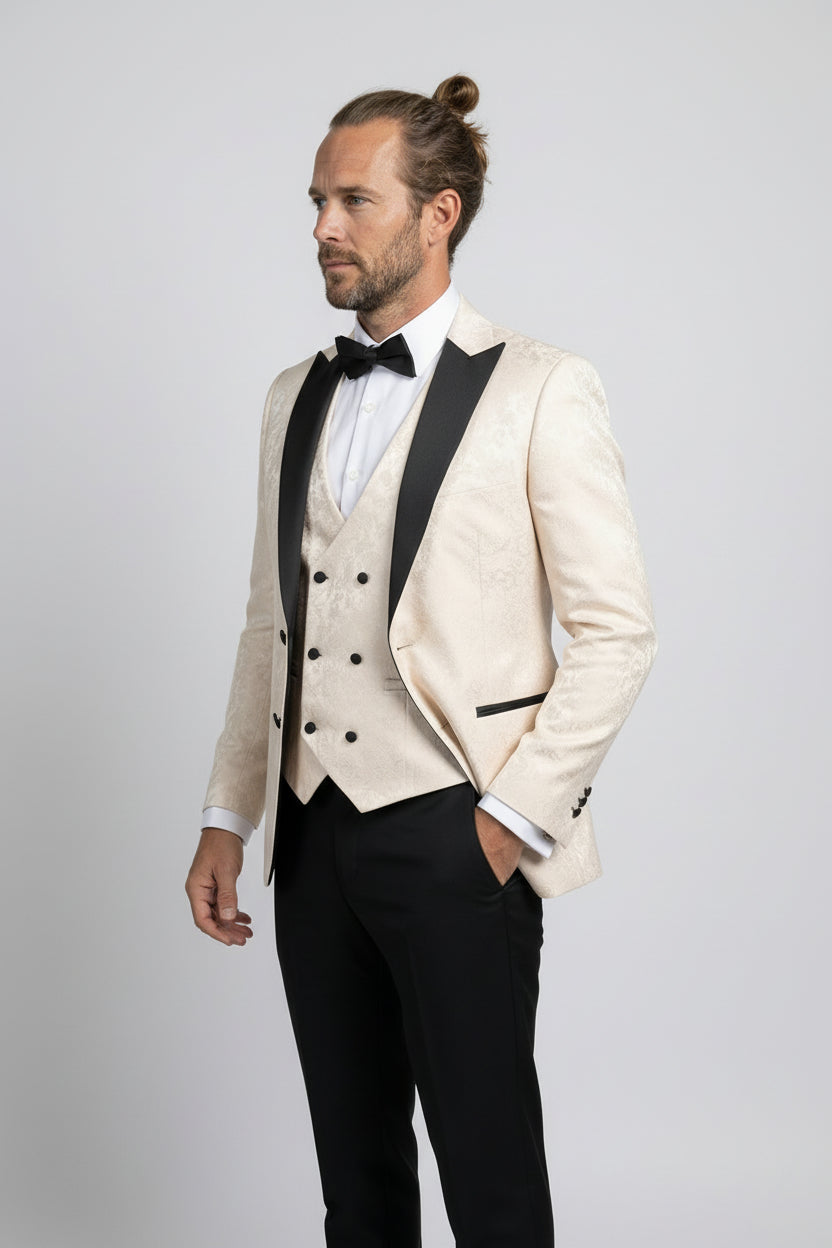 Men’s 4-Piece Cotton Blend Jacquard Tuxedo Suit with Double Breasted Waistcoat - Vincent -Cream Side Picture