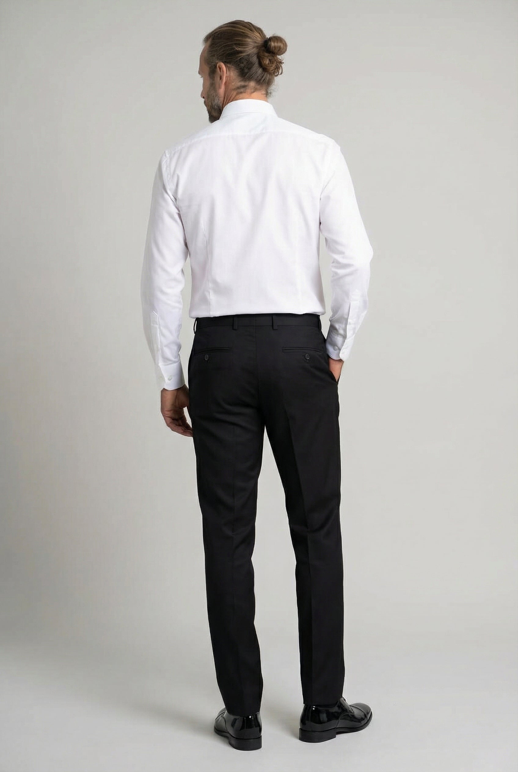 Men’s 4-Piece Cotton Blend Jacquard Tuxedo Suit with Double Breasted Waistcoat - Vincent -Cream Model Trousers Back  Picture