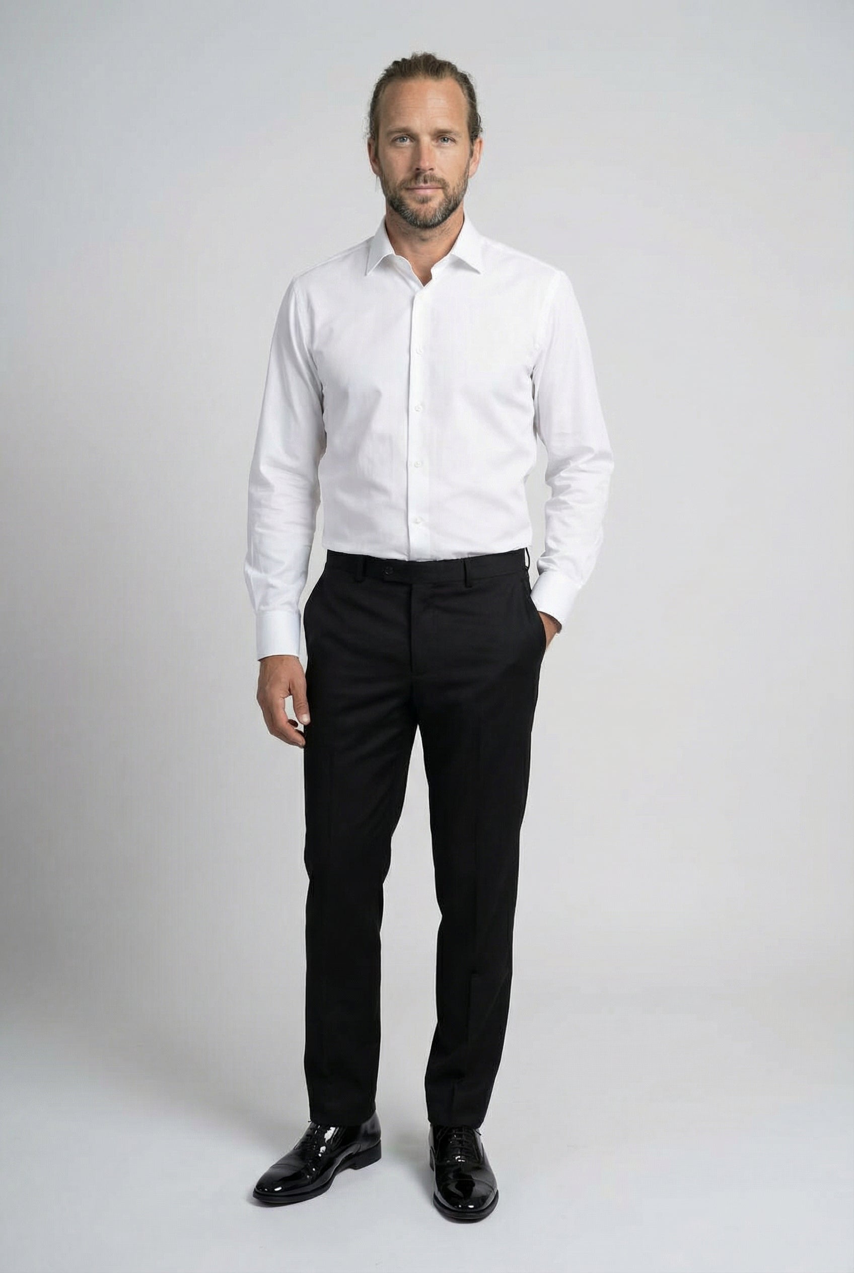 Men’s 4-Piece Cotton Blend Jacquard Tuxedo Suit with Double Breasted Waistcoat - Vincent -Cream Model Trousers Front  Picture