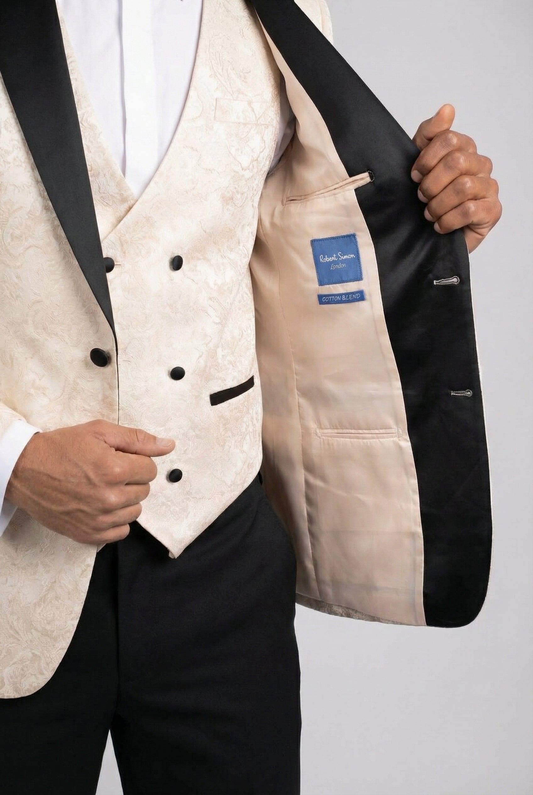 Men’s 4-Piece Cotton Blend Jacquard Tuxedo Suit with Double Breasted Waistcoat - Vincent -Cream Linning  Picture