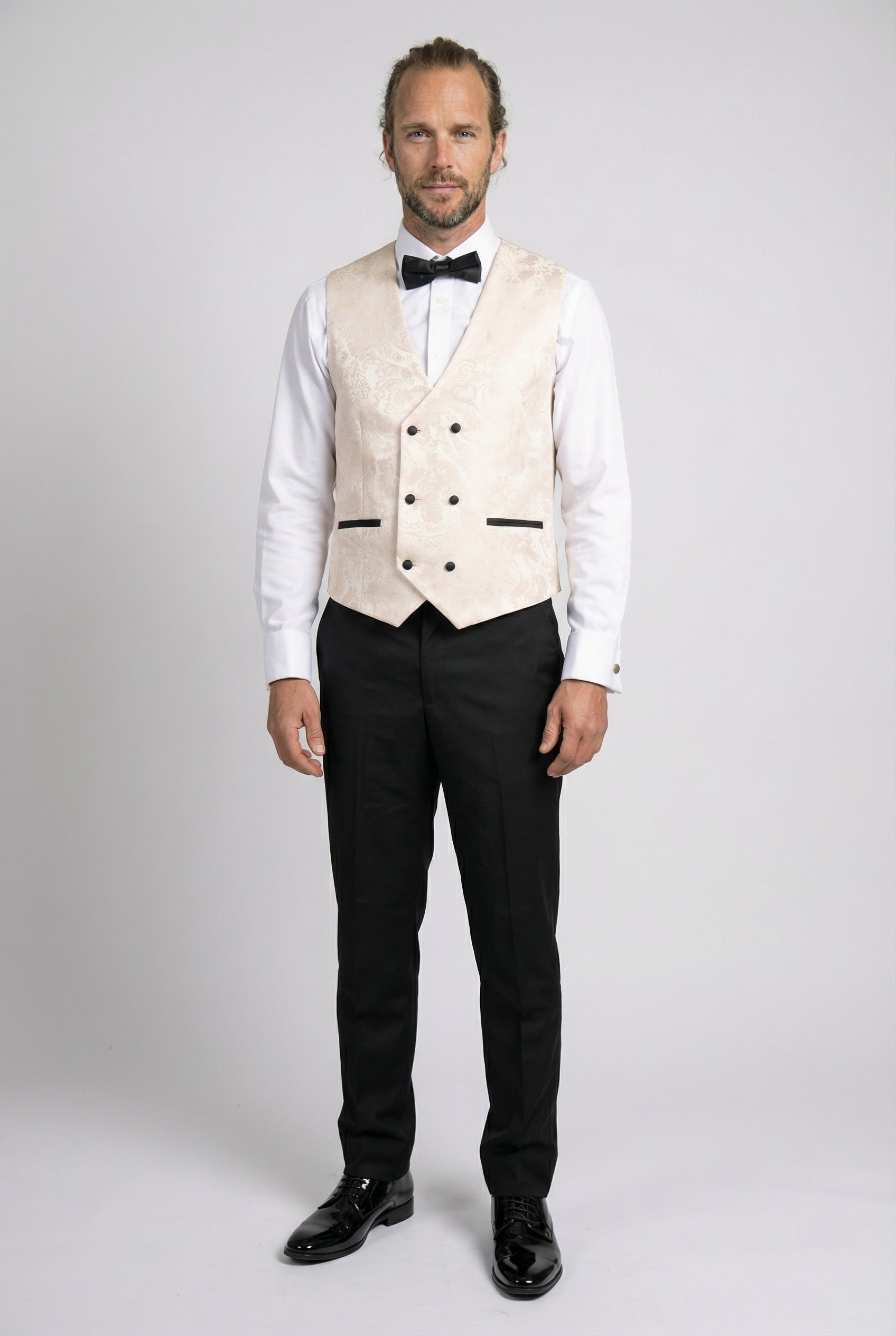 Men’s 4-Piece Cotton Blend Jacquard Tuxedo Suit with Double Breasted Waistcoat - Vincent -Cream Model Waistcoat Picture