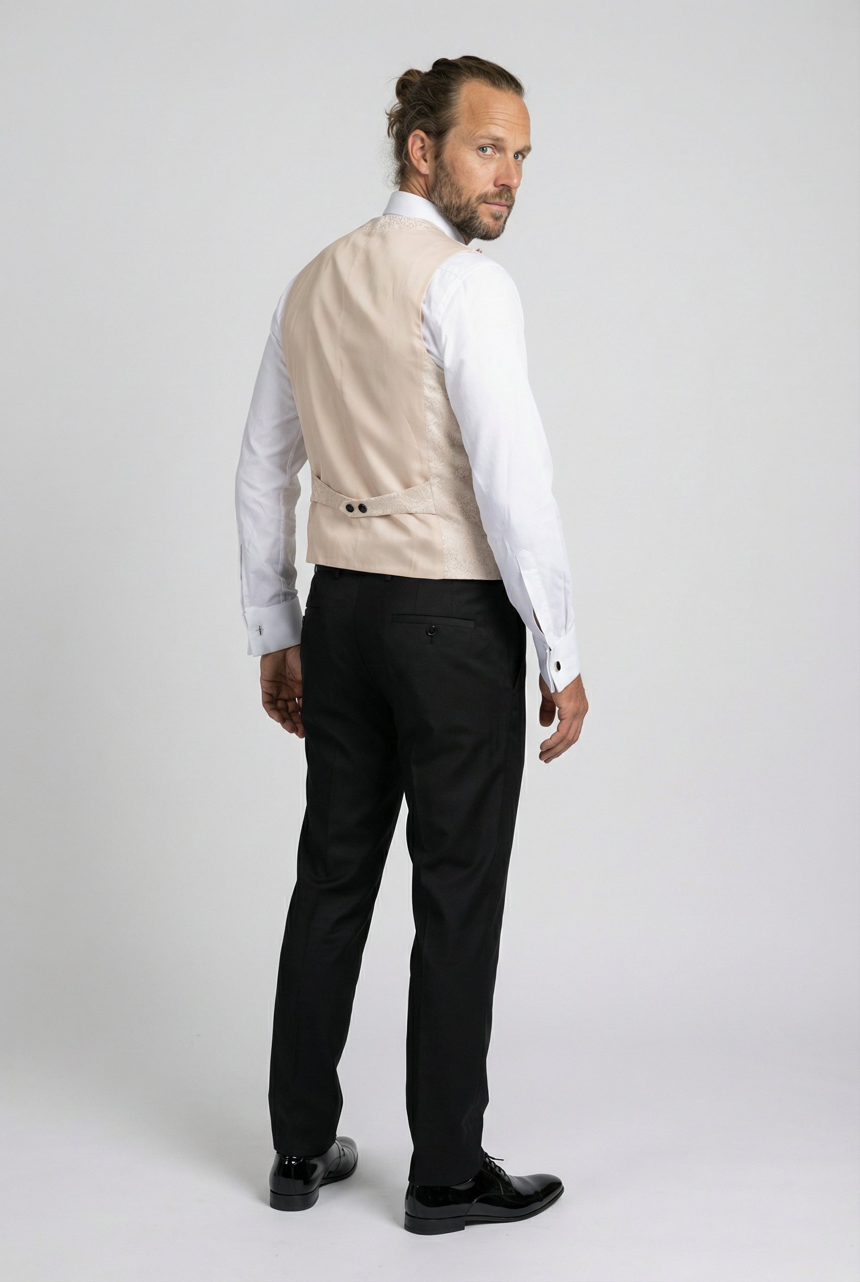 Men’s 4-Piece Cotton Blend Jacquard Tuxedo Suit with Double Breasted Waistcoat - Vincent -Cream Model Waistcoat Back Picture