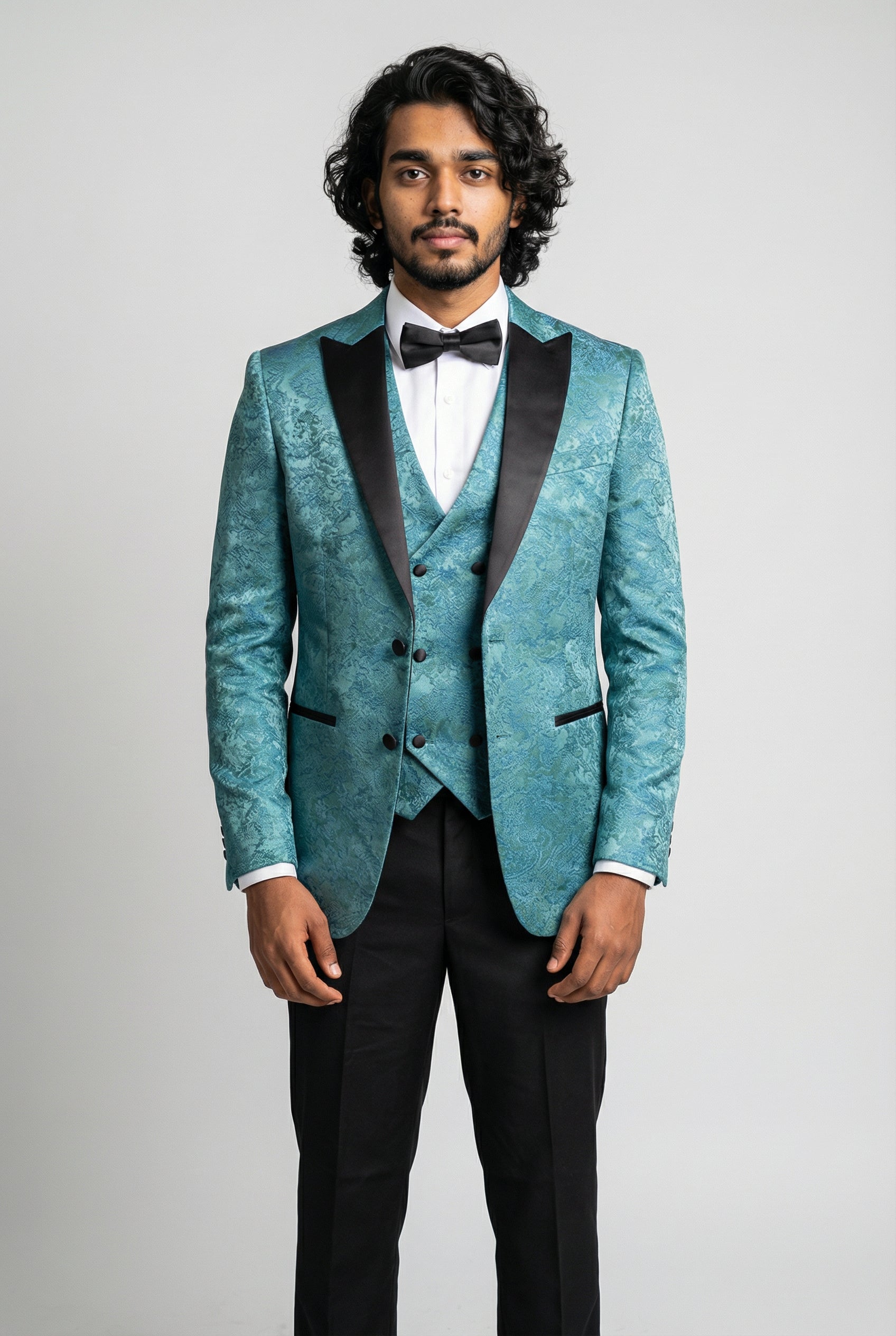 Men’s 4-Piece Cotton Blend Jacquard Tuxedo Suit with Double Breasted Waistcoat - Vincent -Green