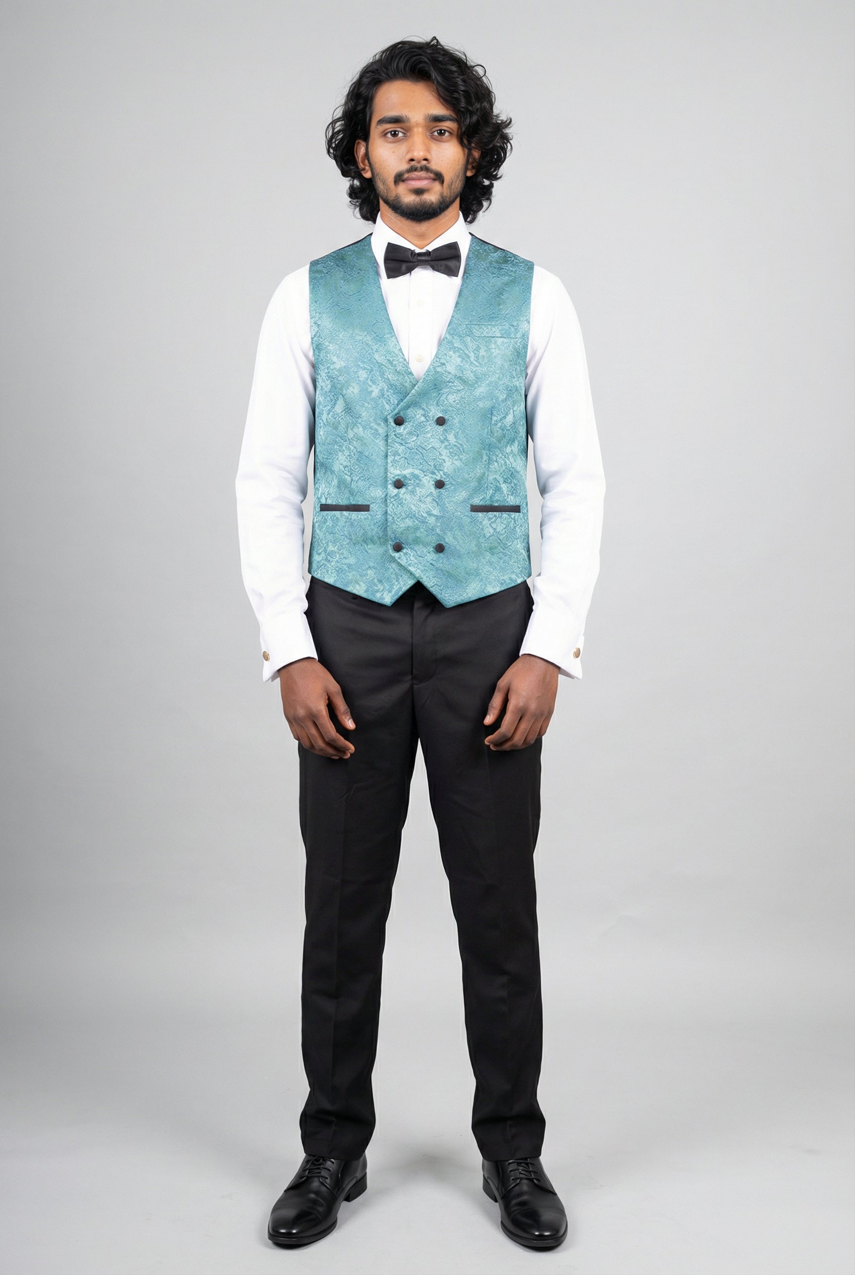 Men’s 4-Piece Cotton Blend Jacquard Tuxedo Suit with Double Breasted Waistcoat - Vincent -Green Waistcoat Picture