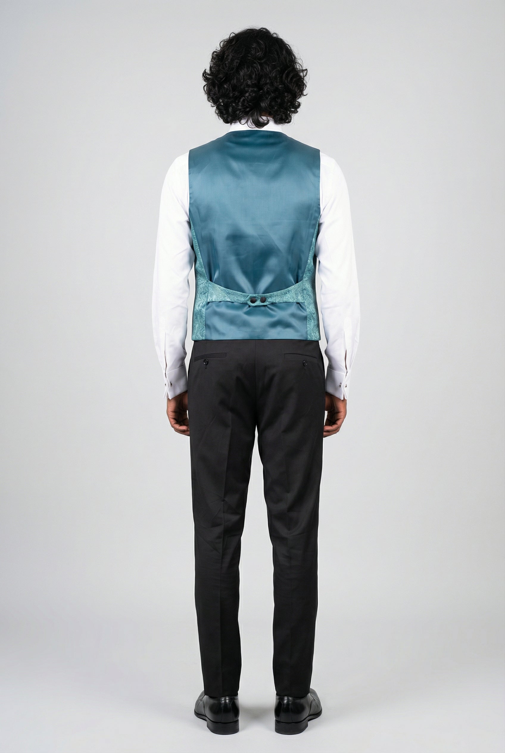 Men’s 4-Piece Cotton Blend Jacquard Tuxedo Suit with Double Breasted Waistcoat - Vincent -Green Waistcoat Back Picture