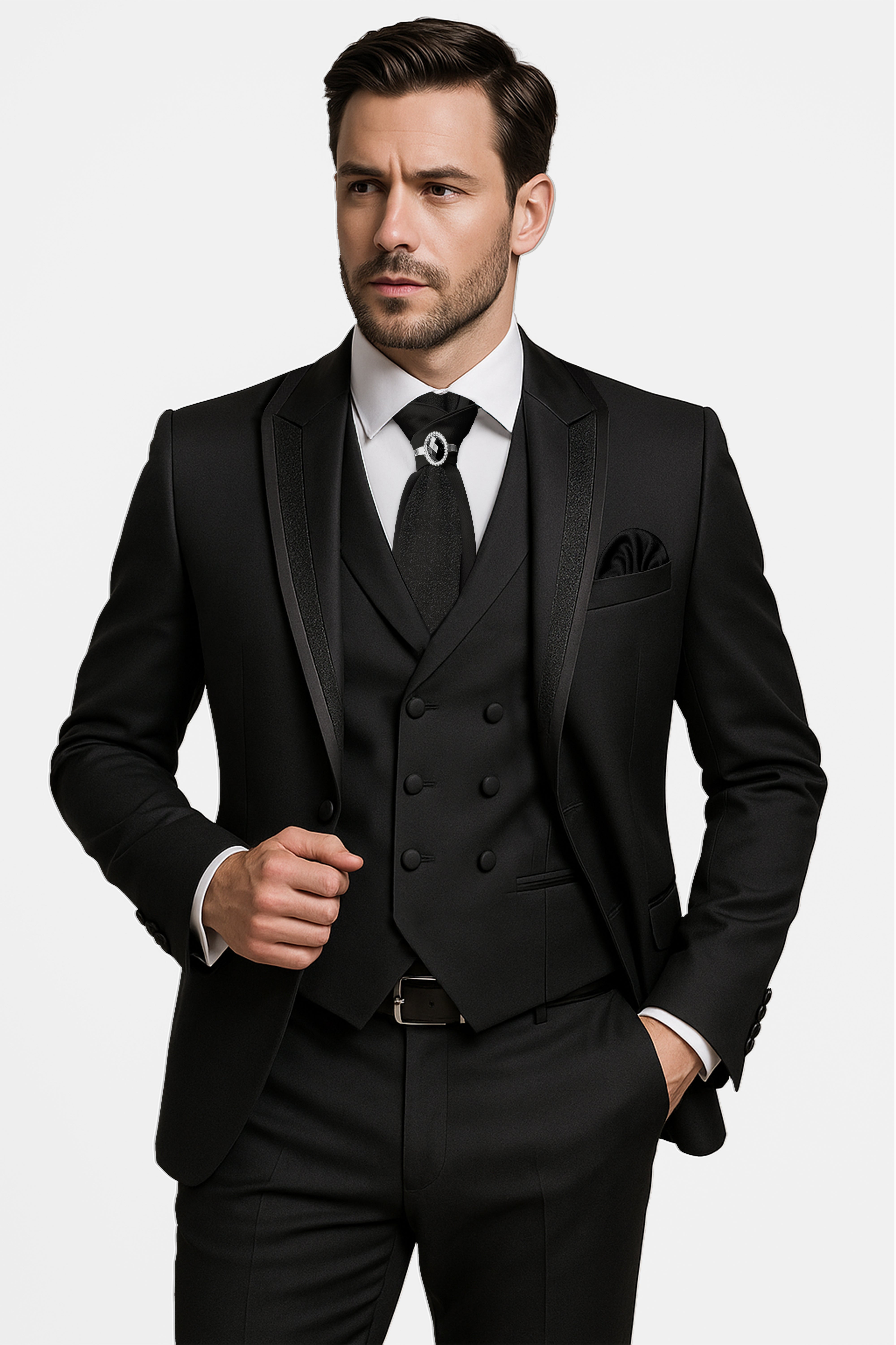 Men’s 5-Piece Black Tuxedo Wedding Suit Set Model Picture