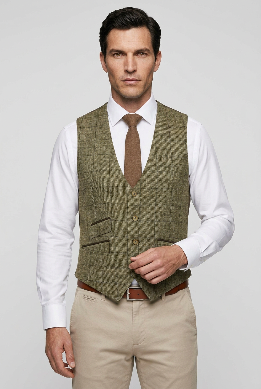 Men's Beige Check Tweed Style Waistcoat – Slim Fit Formal Wedding Vest