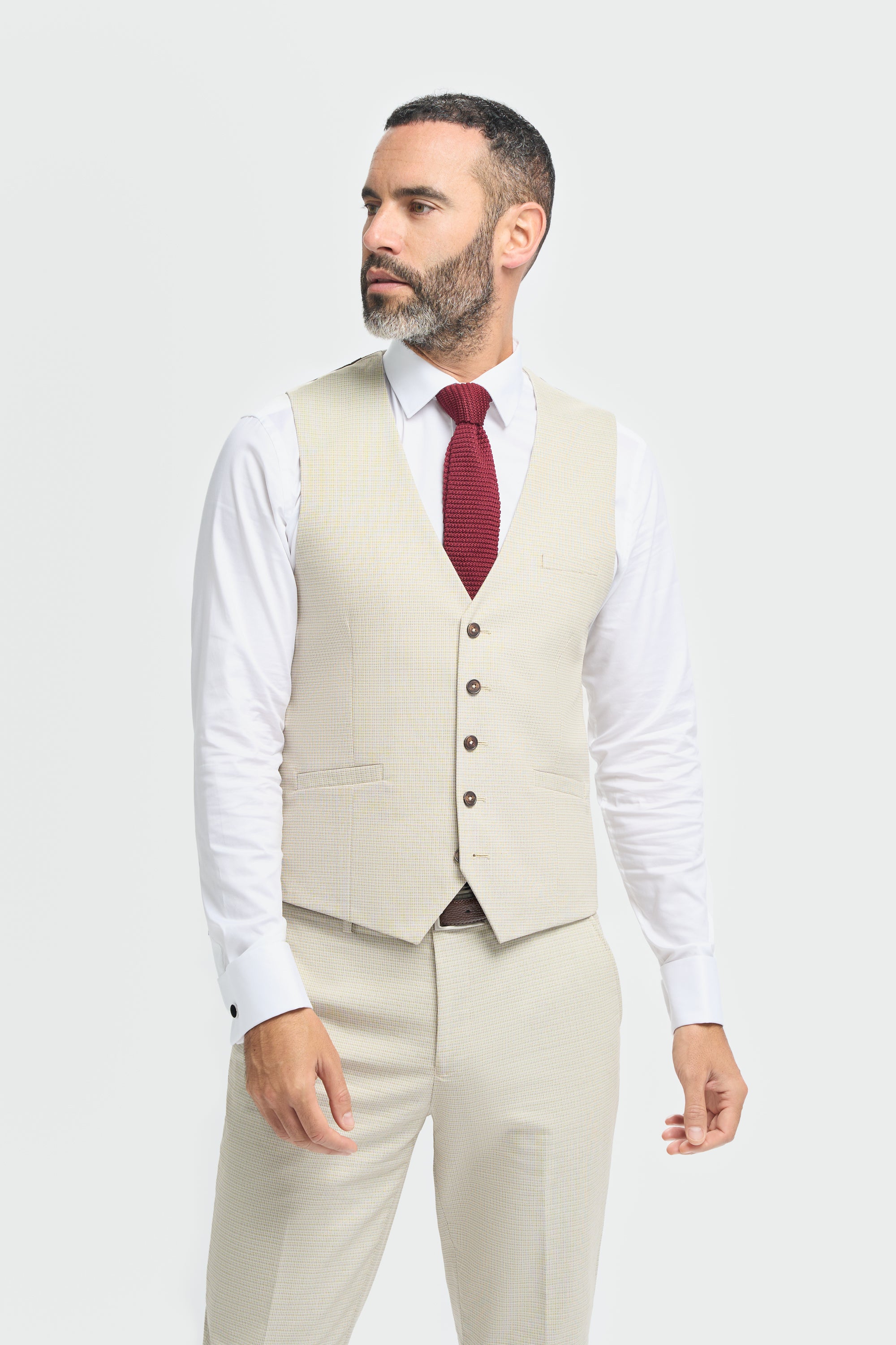 Men’s Beige Cotton Microcheck Waistcoat - Hampton Model Picture