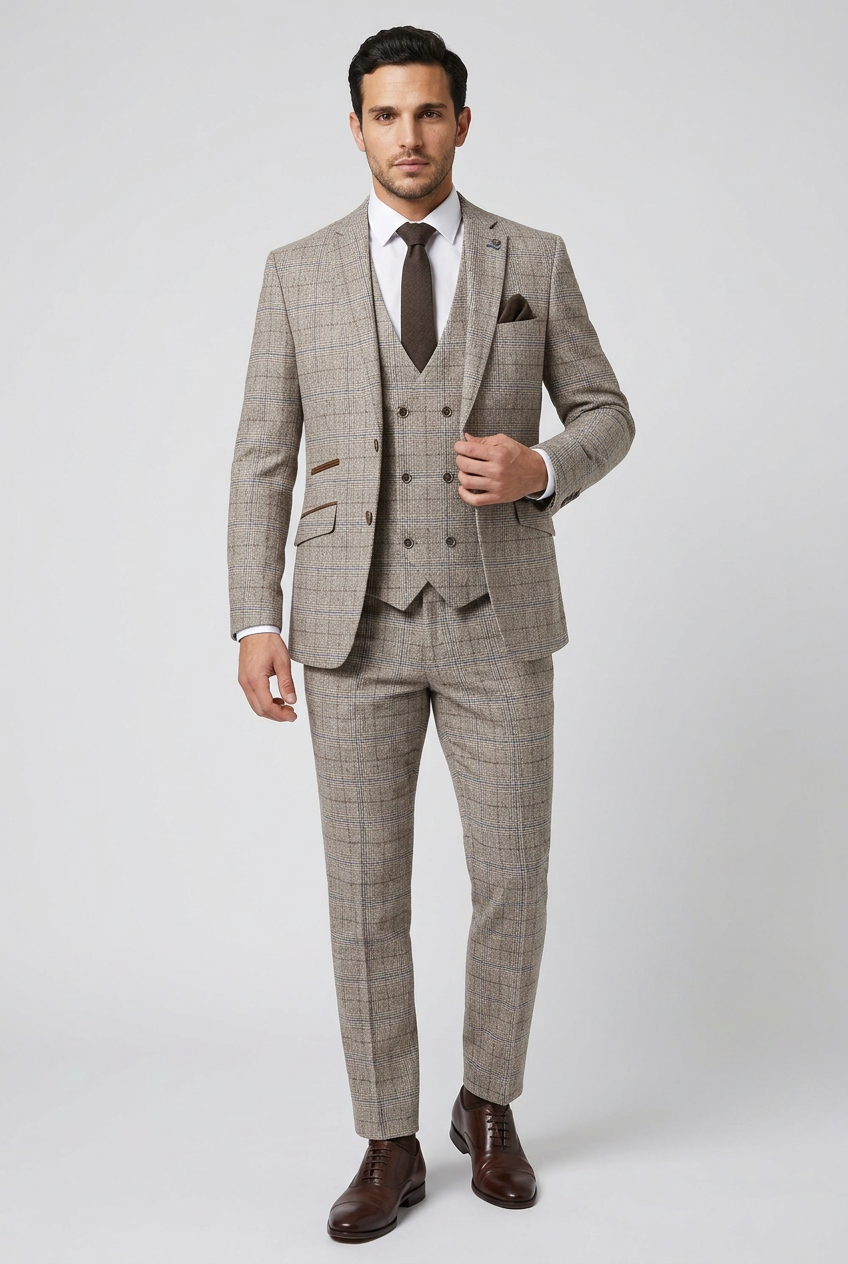 Men's Beige Prince of Wales Check 3 Piece Suit – Slim Fit Wedding Suit with Double-Breasted Waistcoat