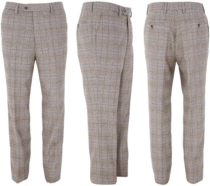 Men's Beige Prince of Wales Check 3 Piece Suit – Slim Fit Wedding Suit with Double-Breasted Waistcoat