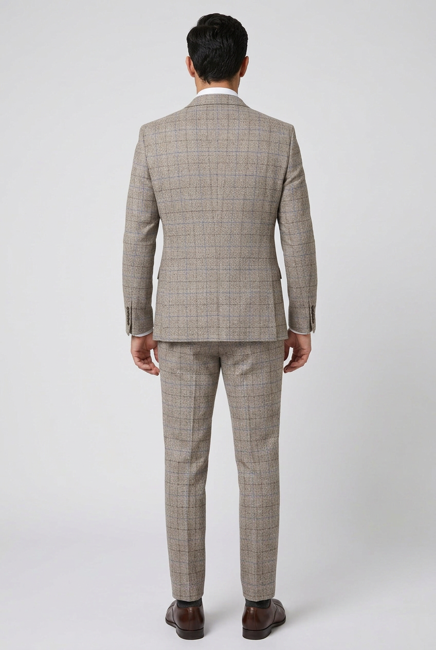 Men's Beige Prince of Wales Check 3 Piece Suit – Slim Fit Wedding Suit with Double-Breasted Waistcoat