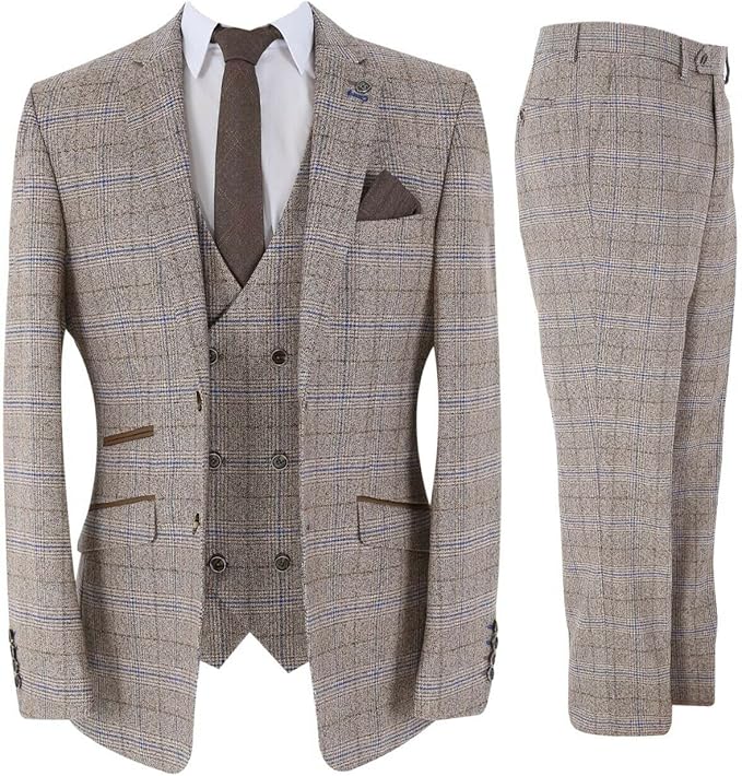 Men's Beige Prince of Wales Check 3 Piece Suit – Slim Fit Wedding Suit with Double-Breasted Waistcoat