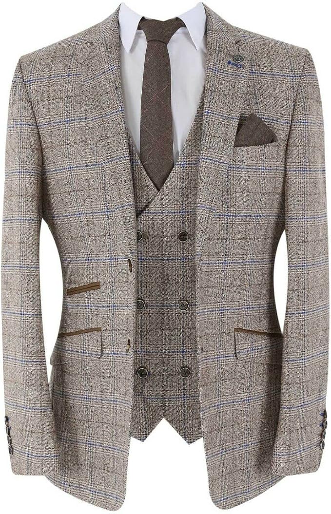 Men's Beige Prince of Wales Check 3 Piece Suit – Slim Fit Wedding Suit with Double-Breasted Waistcoat