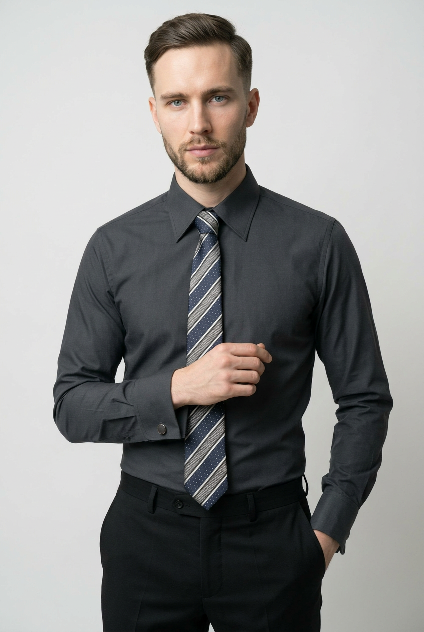 Men’s Black Formal Shirt Set with Striped Tie and Cufflinks