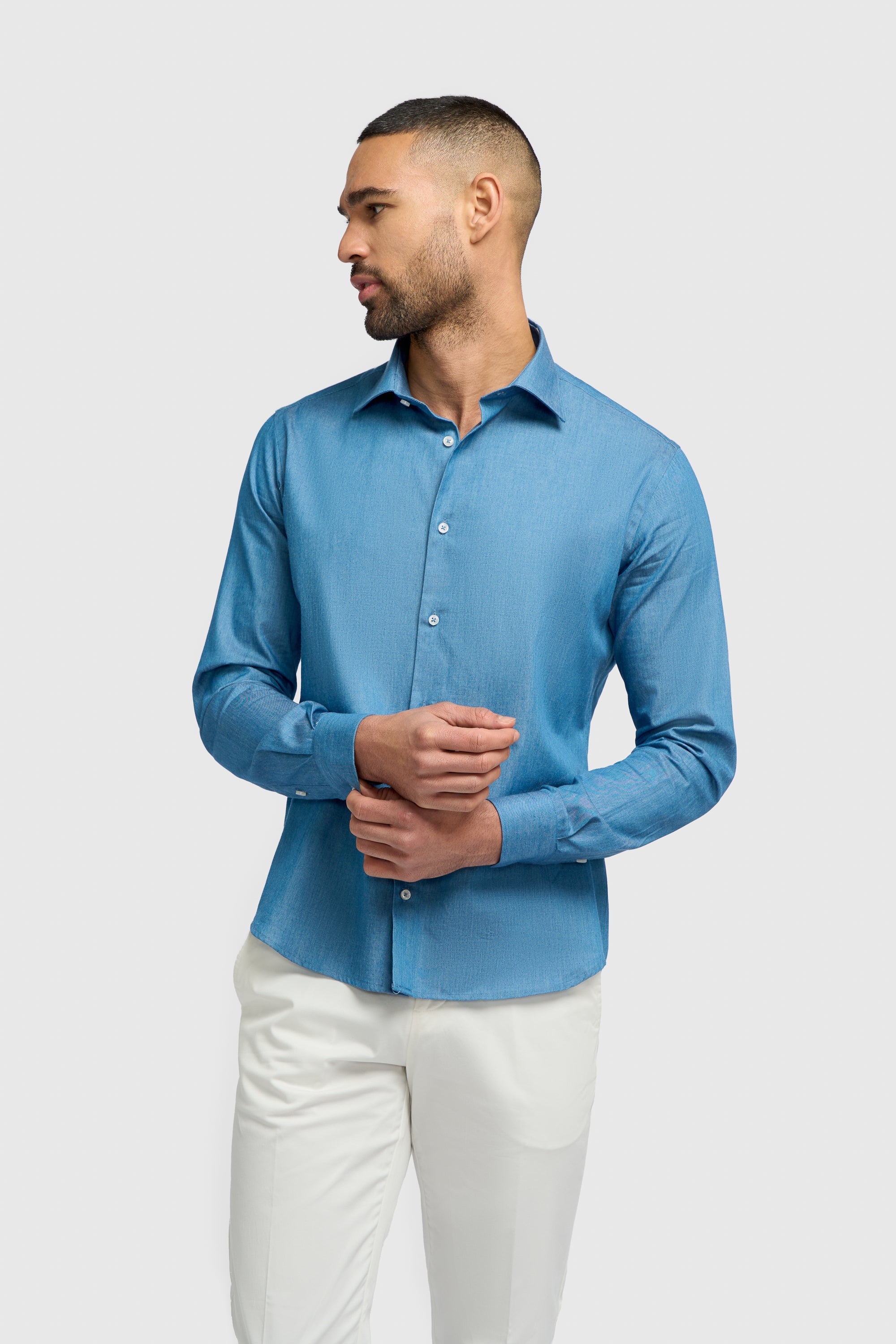 Men’s Blue Cotton Long Sleeve Shirt - Japigia Model Picture