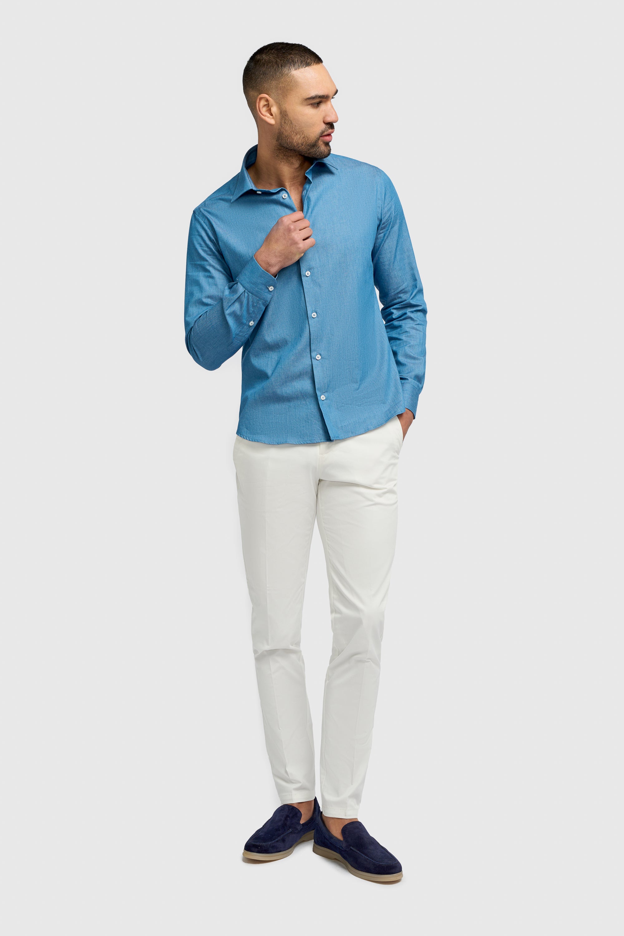 Men’s Blue Cotton Long Sleeve Shirt - Japigia Model Front Picture