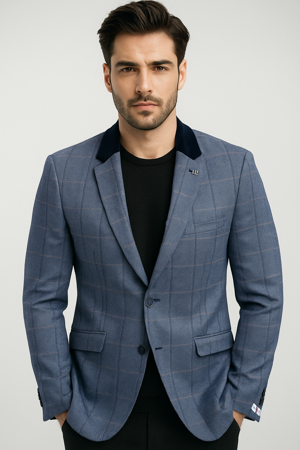 Men’s Blue Windowpane Slim Fit Blazer with Velvet Collar Model Picture