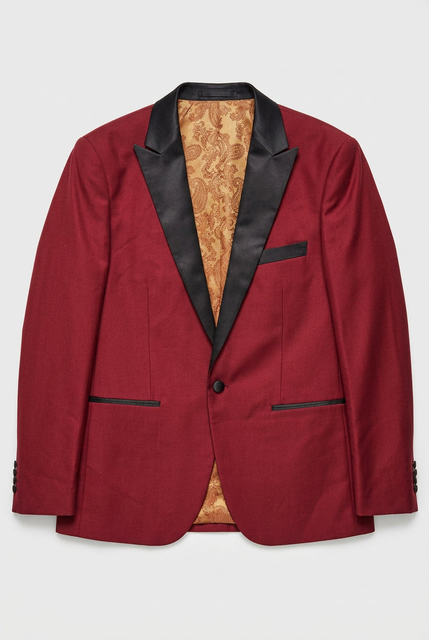 Men’s Burgundy 3 Piece Tuxedo Suit with Black Satin Lapel