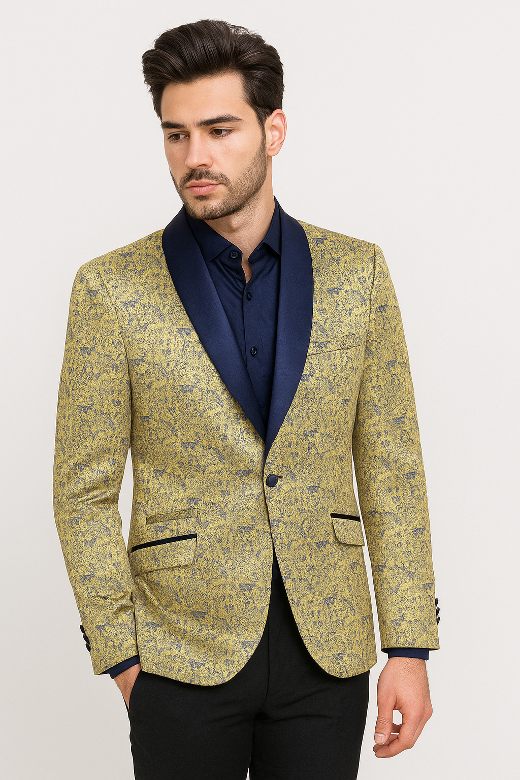 Men’s Champagne Jacquard Slim Fit Shawl Lapel Jacket Model Picture