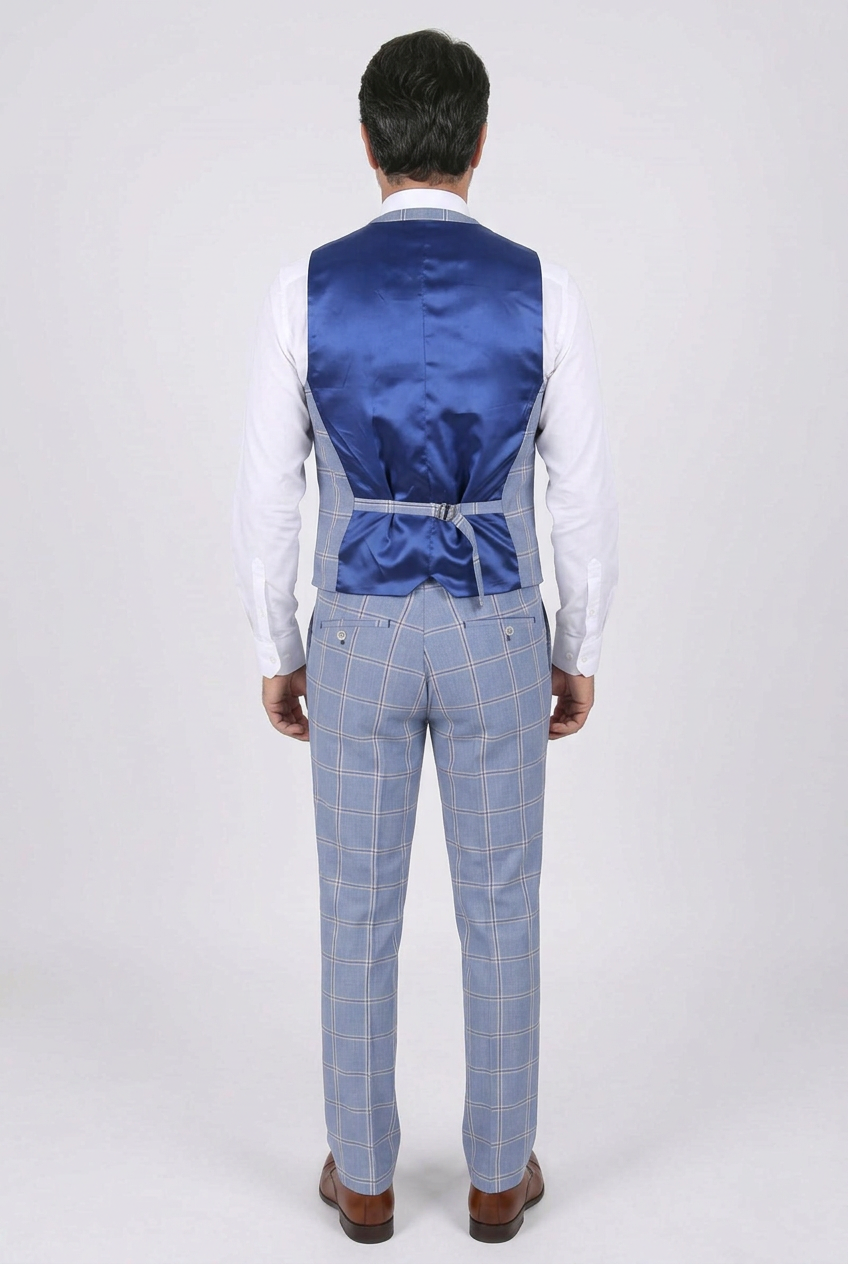 Men’s Check 3 Piece Suit - Style PARADISE Light Blue