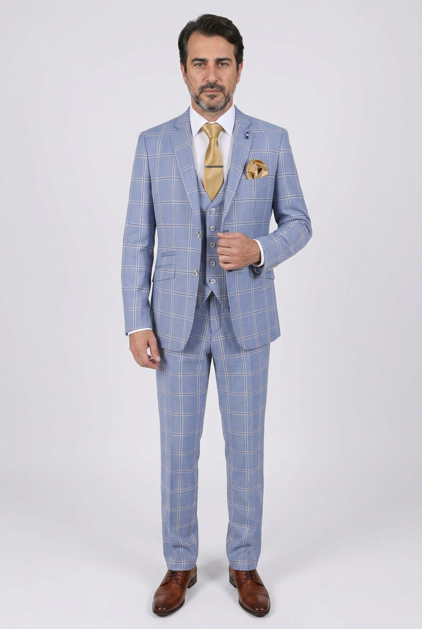 Men’s Check 3 Piece Suit - Style PARADISE Light Blue