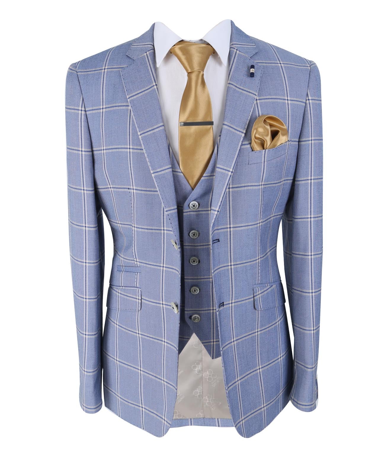 Men’s Check 3 Piece Suit - Style PARADISE Light Blue