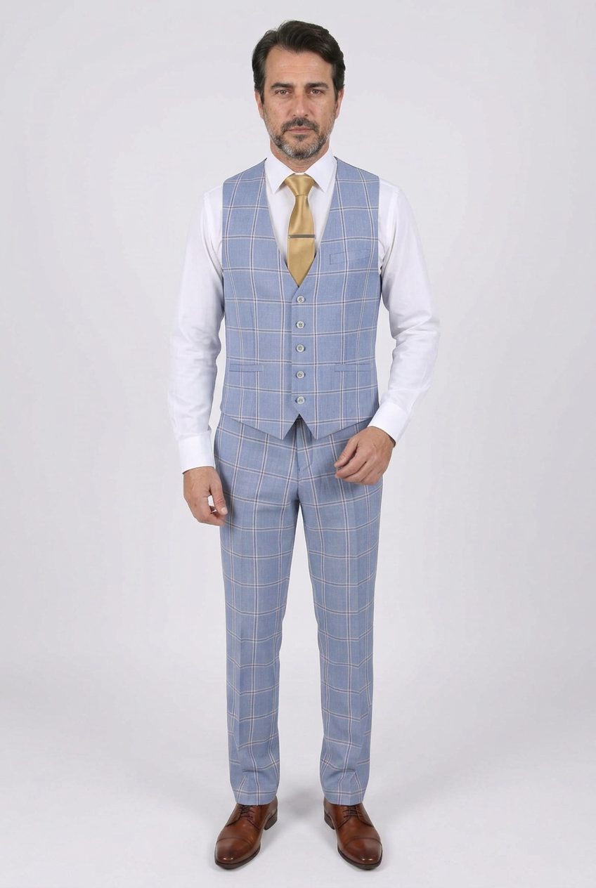 Men’s Check 3 Piece Suit - Style PARADISE Light Blue