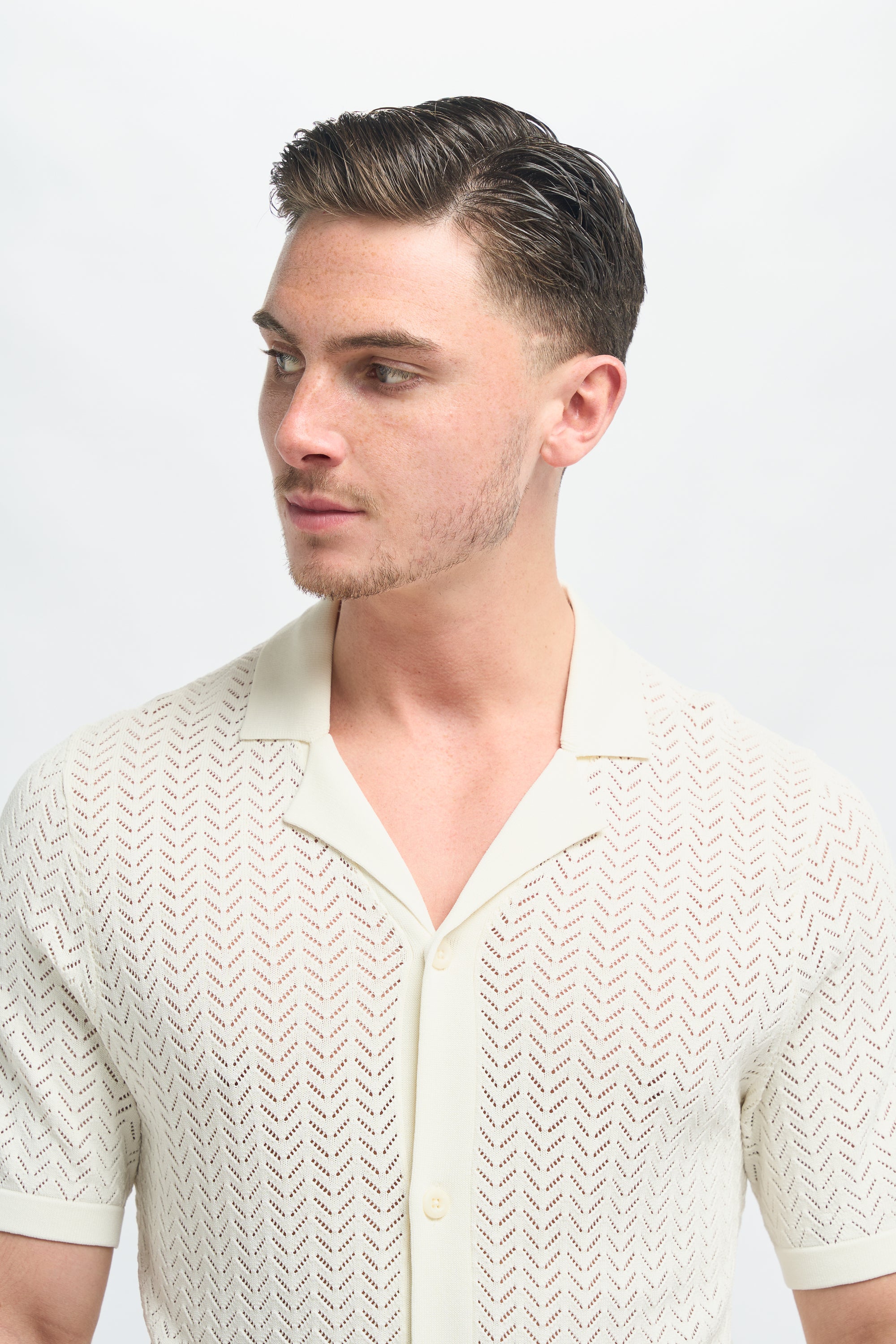 Men’s Chevron Lace Knit Button Down Shirt - Barts - Ivory Detail Picture