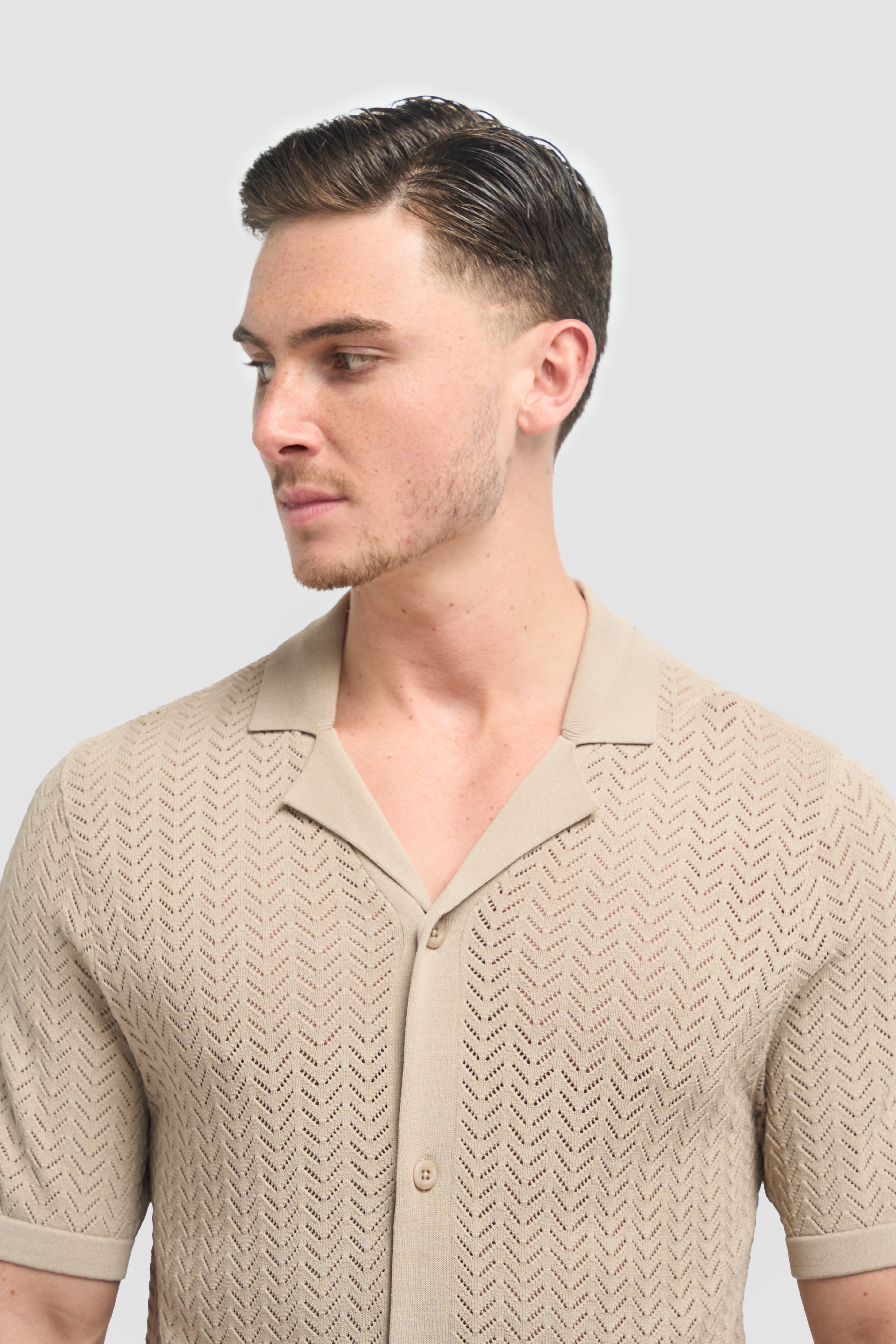 Men’s Chevron Lace Knit Button Down Shirt - Barts - Sand Detail Picture