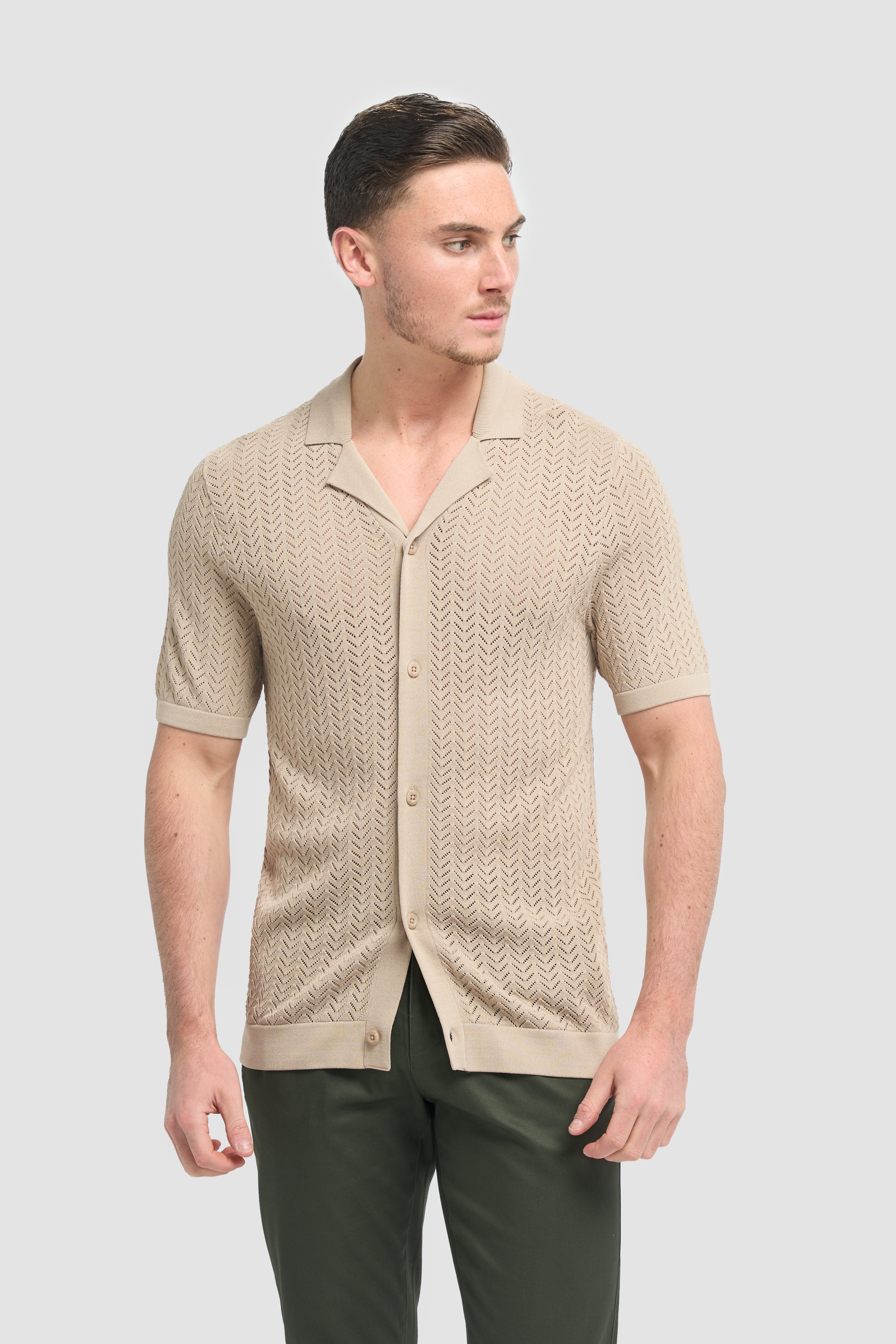 Men’s Chevron Lace Knit Button Down Shirt - Barts - Sand Model Picture