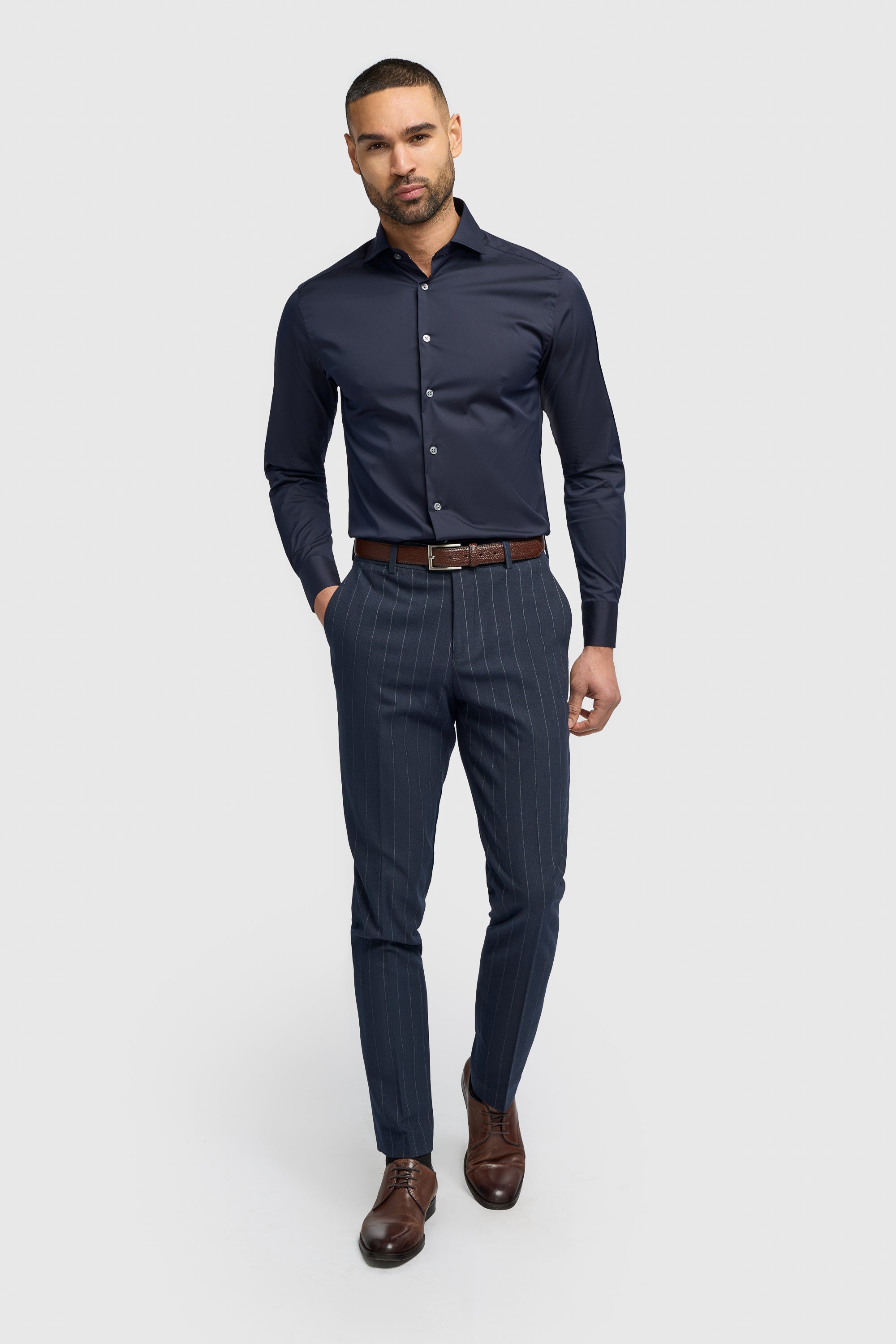 Men's Cotton Blend Slim Fit Dress Shirt - MONACO - Navy Blue Model Front Picture