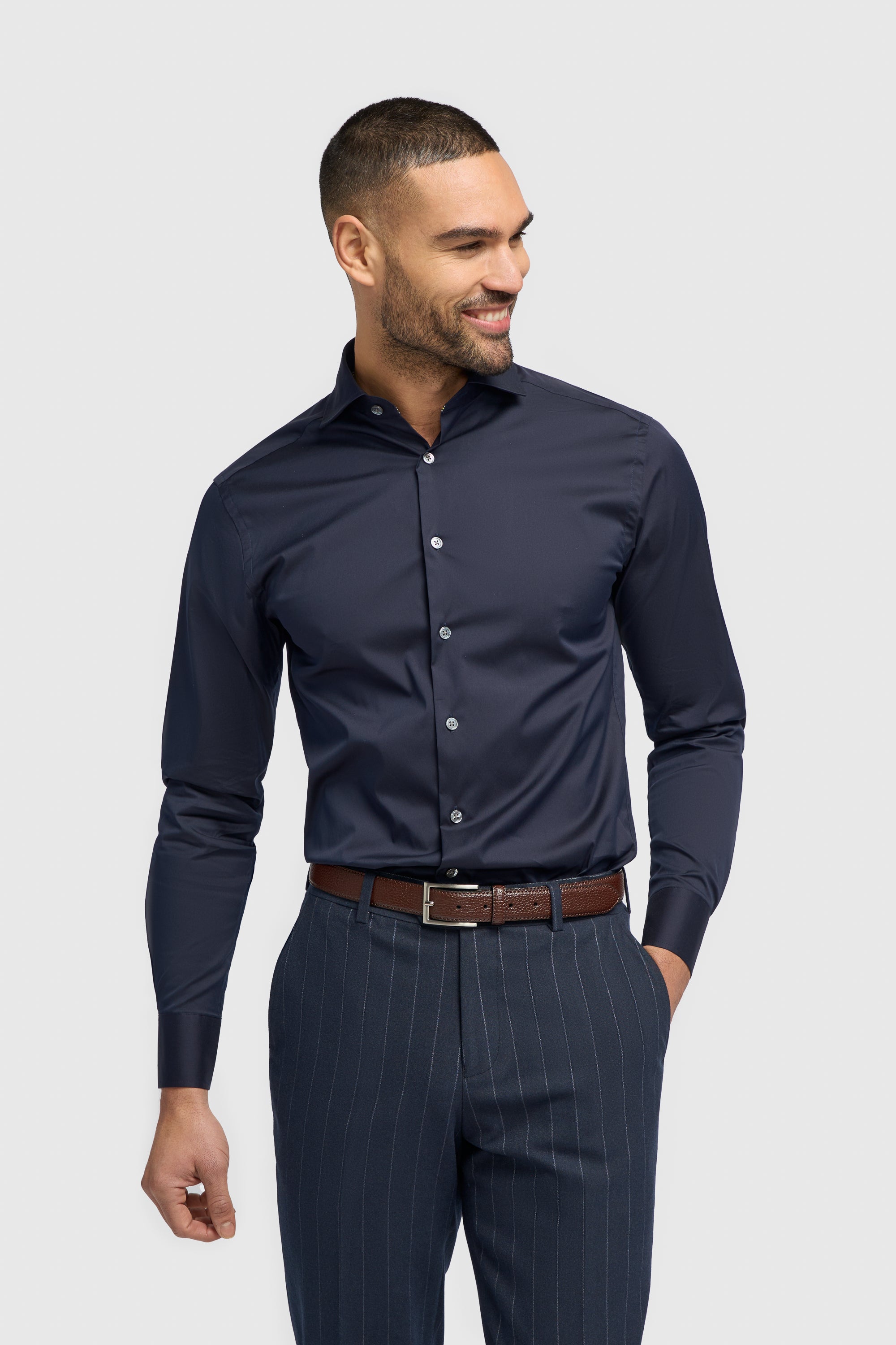 Men's Cotton Blend Slim Fit Dress Shirt - MONACO - Navy Blue Model Picture